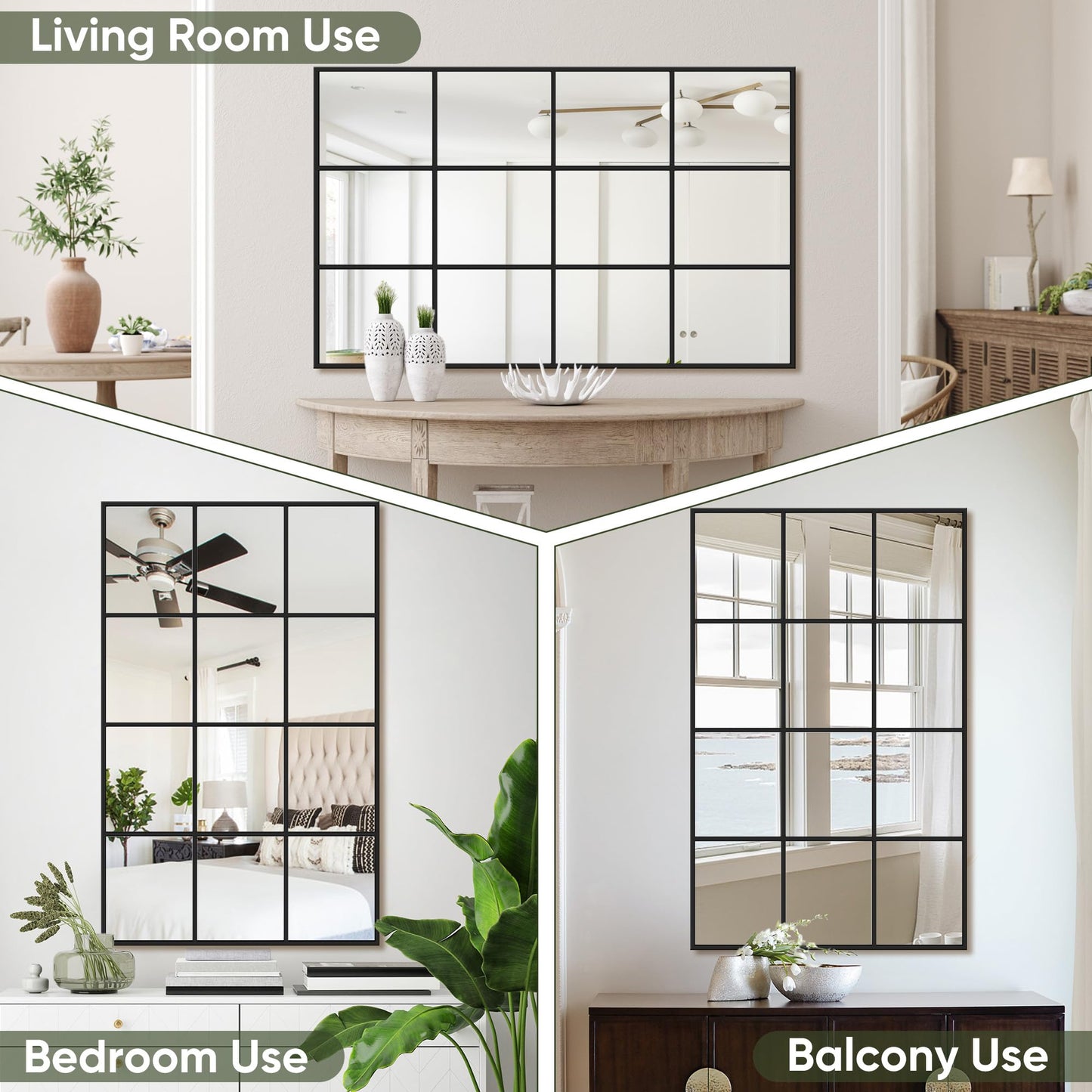 Suidia Wall Mirror, 30" x 48" Window Decorative Mirrors, Metal Framed Wall Decor Wall-Mounted Mirrors for Bedroom, Living Room, Entryway, Black