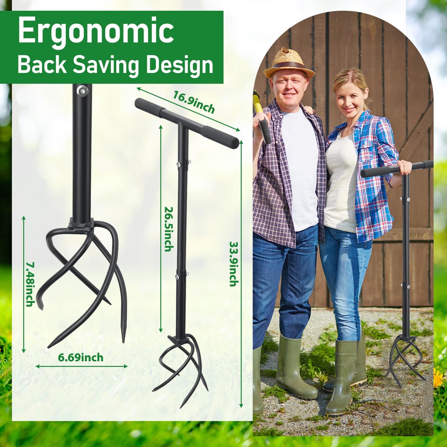 BeBecome Hand Tiller for Gardening, Manual Garden Claw Cultivator with 4 Sharp Curved Steel Tines, Twist Tiller Soil Loosener, Rotary Handheld Tiller for Yard Lawn Weeding