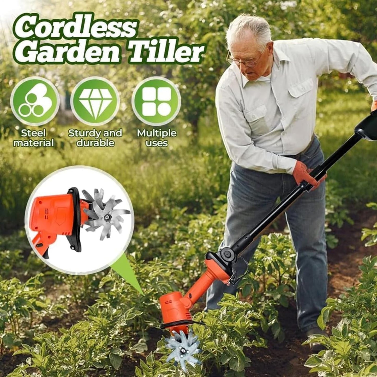 21V Cordless Mini Tiller Cultivator, Hand Tiller for Gardening, 235RPM Rotary Cultivator with Dual Batteries and Charger, Compact Soil Tilling Tool for Lawn and Garden Beds (with Pole)