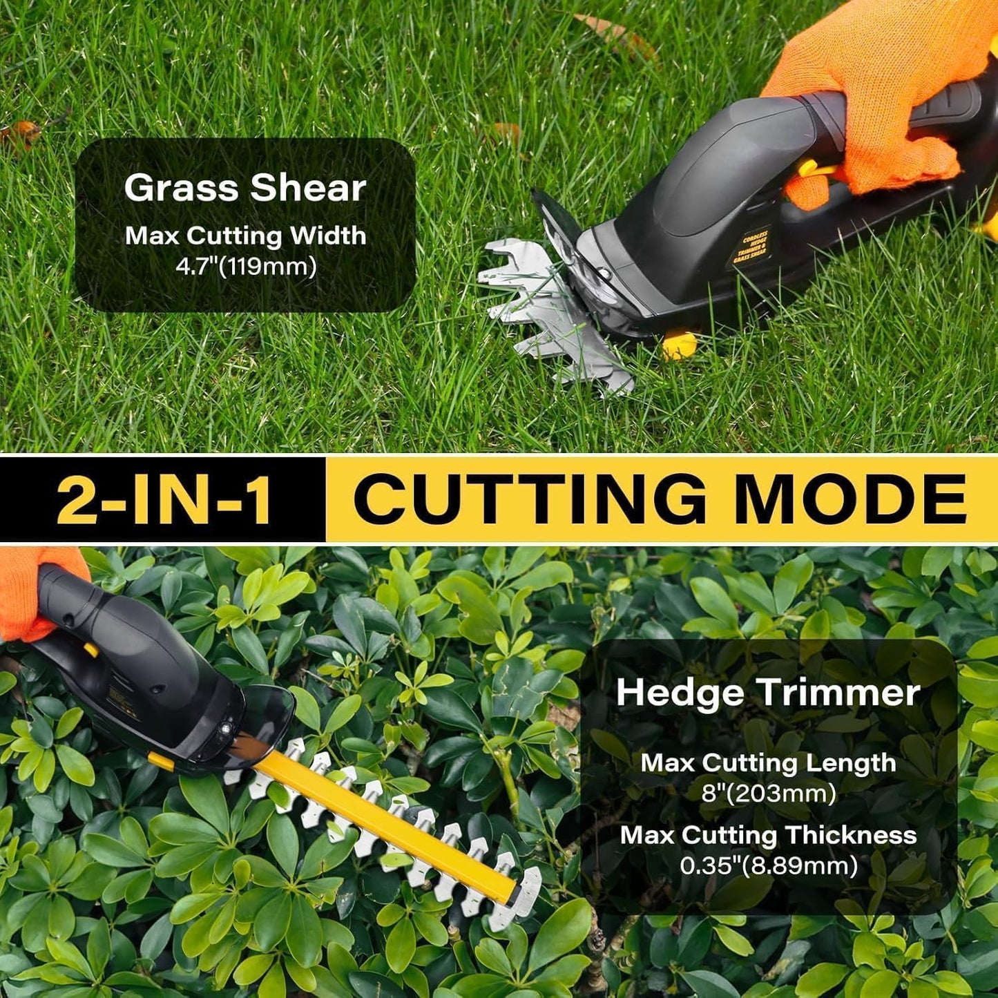 Cordless Hedge Trimmer (Tool Only), Compatible with DeWalt 20V MAX Battery, 2-in-1 Cordless Grass Shear 1500RPM, 3.3 lbs Handheld Shrub Clipper with Battery Protection, 8" & 4.7" Blades(Black)