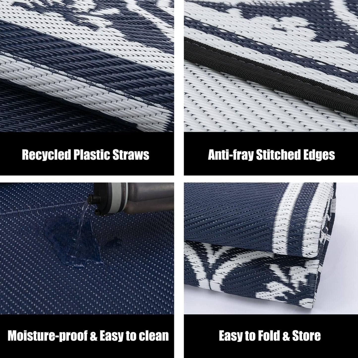 HUGEAR Outdoor Rug 8x10 Patio Camping Carpet Waterproof Mat Blue Outside Plastic Area Rug Reversible Rugs for RV Deck Entryance Porch Picnic Balcony Beach(8x10ft Navy Blue&White)