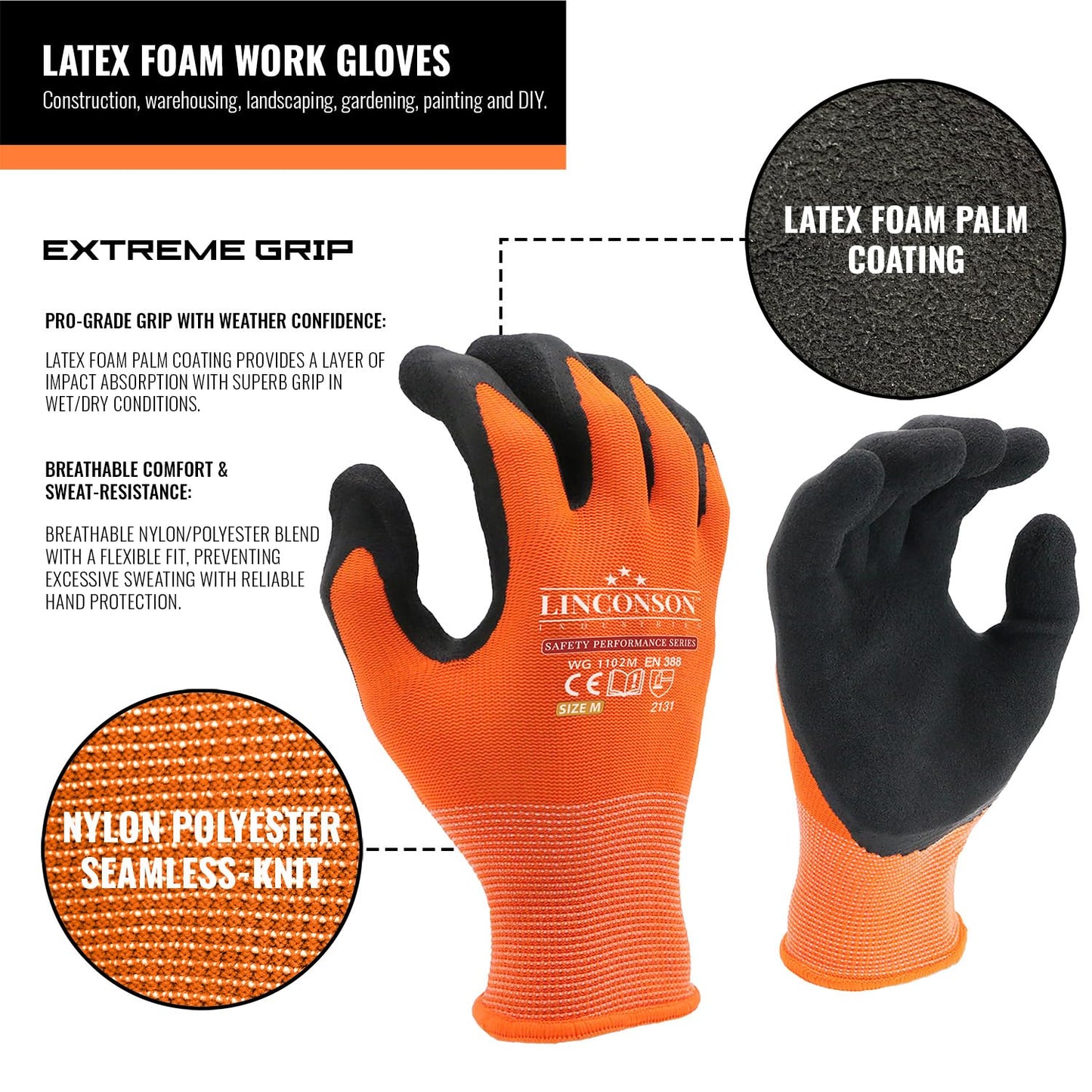 linconson 12 Pack Safety Performance Series Construction Mechanics Work Gloves (XL (Pack of 12), Orange)