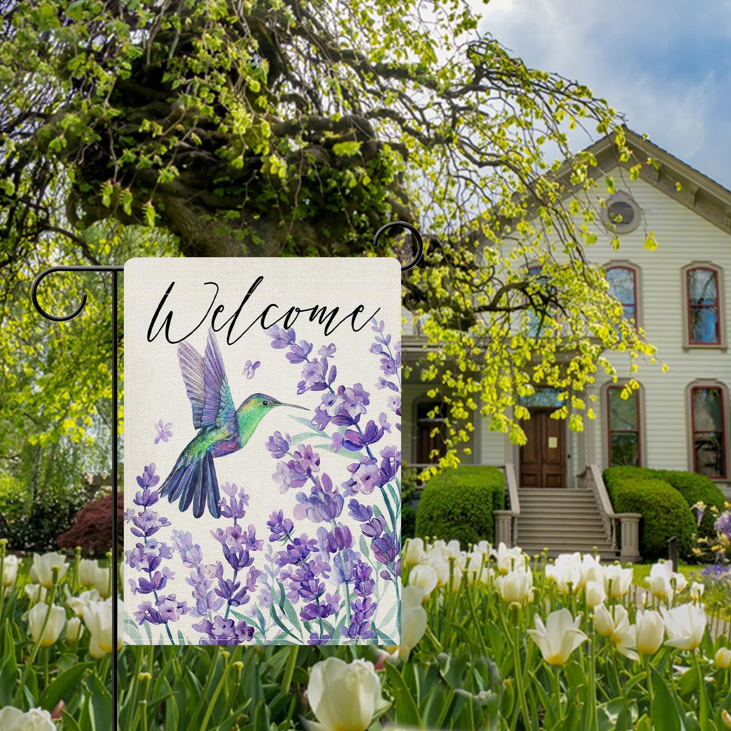 Dyrenson Welcome Spring Summer Hummingbird Lavender Decorative Garden Flag, Purple Flower Floral Yard Outside Home Decorations, Seasonal Burlap Outdoor Small Decor Double Sided 12 x 18