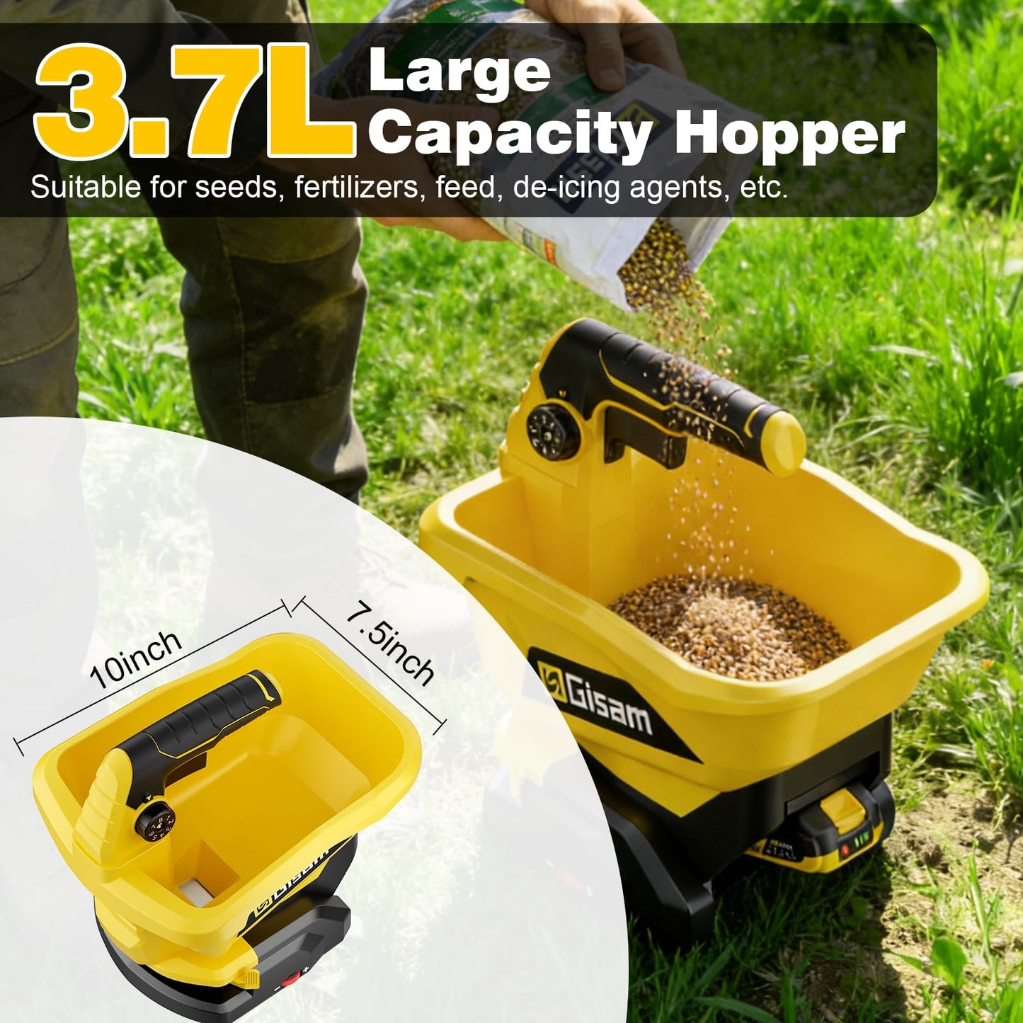 Handheld Power Spreader for Lawns with 6-Speed Adjust & 8 Planting Settings, 3.7L Cordless Seed Spreader for Grass Seed, Fertilizer, Salt, Ice Melt - 2 * 2.0Ah Battery Included