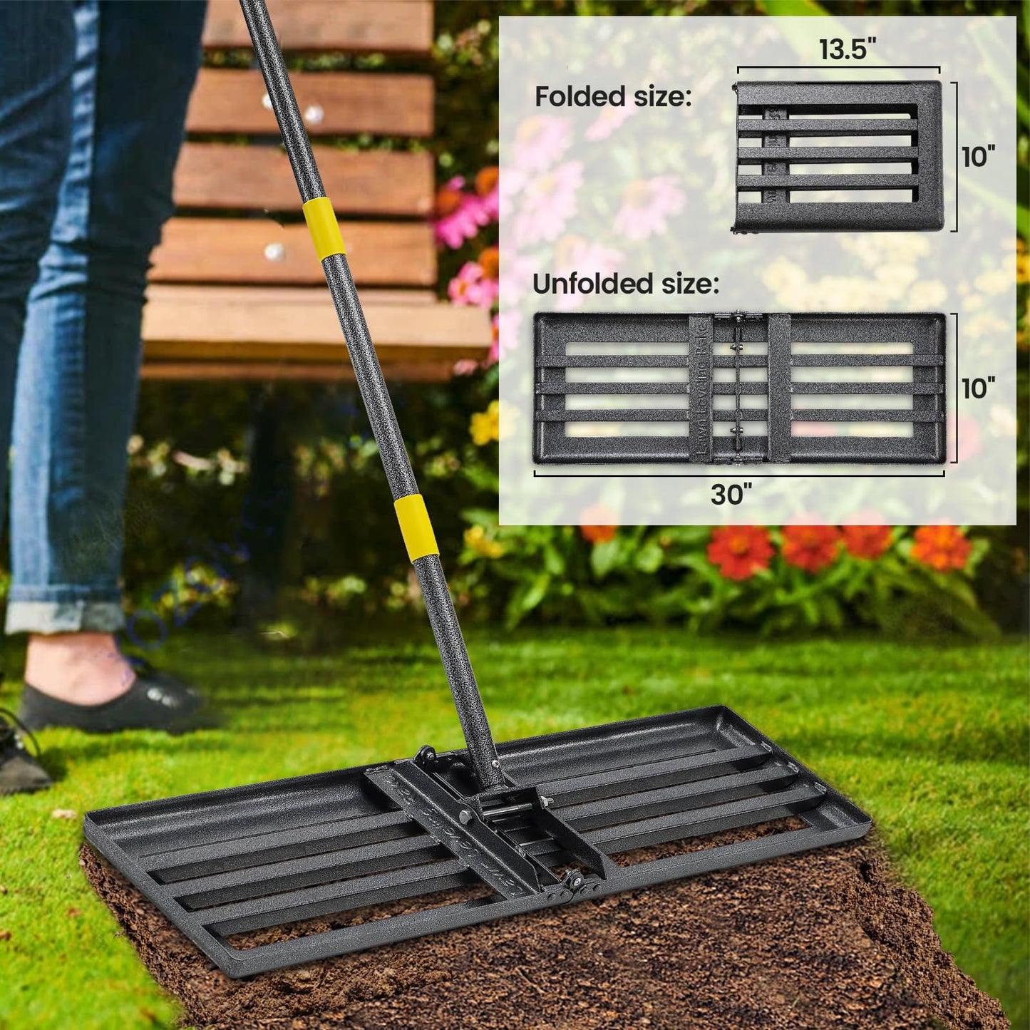 Lawn Leveling Rake, Heavy Duty 30"x10" Foldable Leveler Plate, 6FT Adjustable Stainless Steel Leveling Rake, Reinforced Welds Level rake for Soil, Dirt, Ground, Yard, Top Dressing, Landscaping