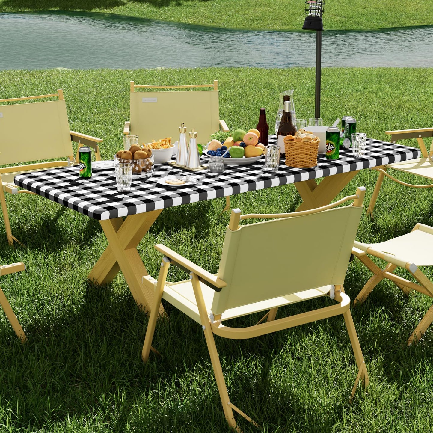 Smiry Picnic Table Cloth 6 Pack, Waterproof Elastic Fitted Tablecloths for 24x48 Rectangle Tables, Washable Polyester Buffalo Plaid Tablecloth for Camping, Dining & Outdoor (Black & White, 24" x 48")