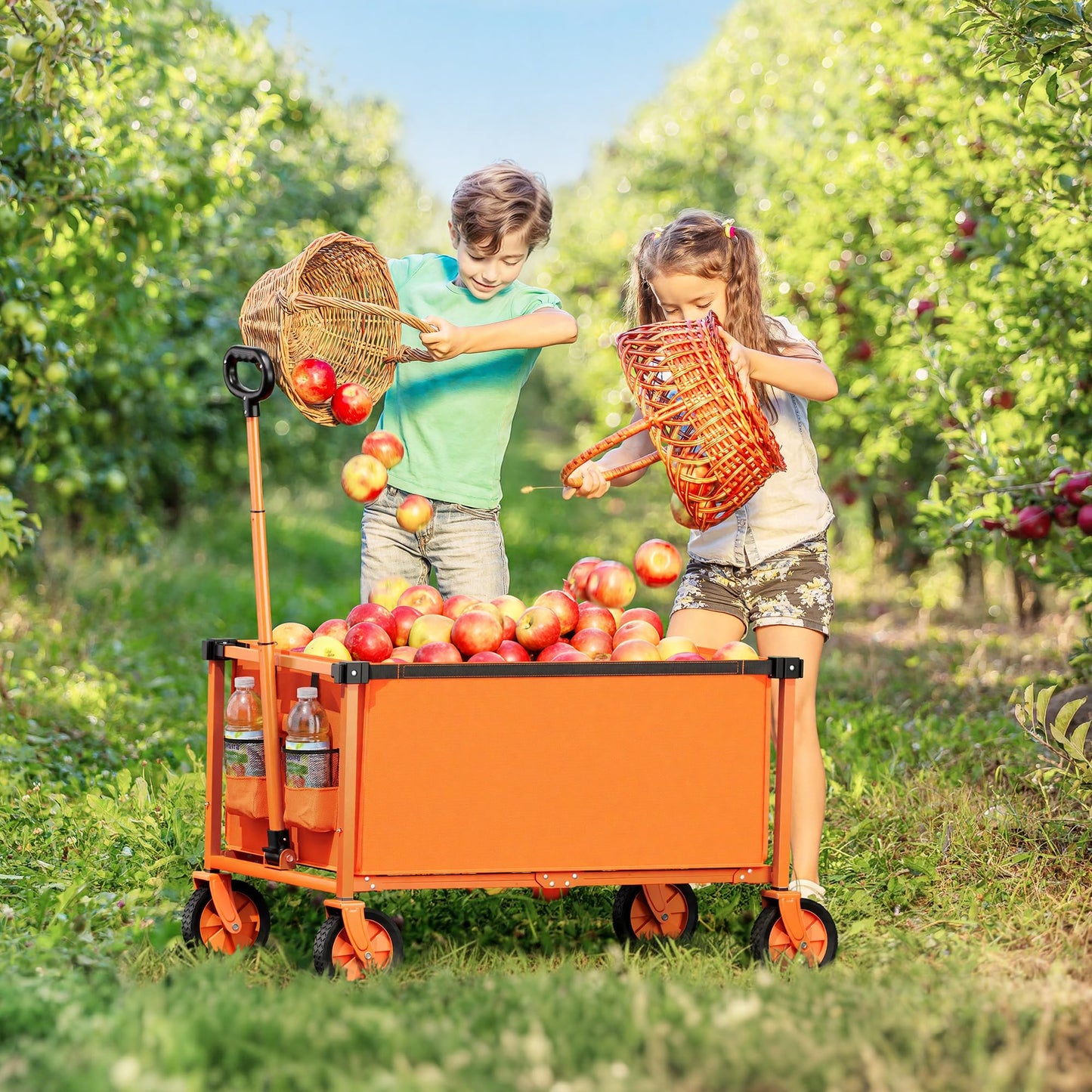 Hombetta Collapsible Wagon Cart with Wheels, 150L Lightweight Foldable Utility Cart, Portable Rolling Wagon for Garden, Shopping, Sports, Camping, Transport, Orange
