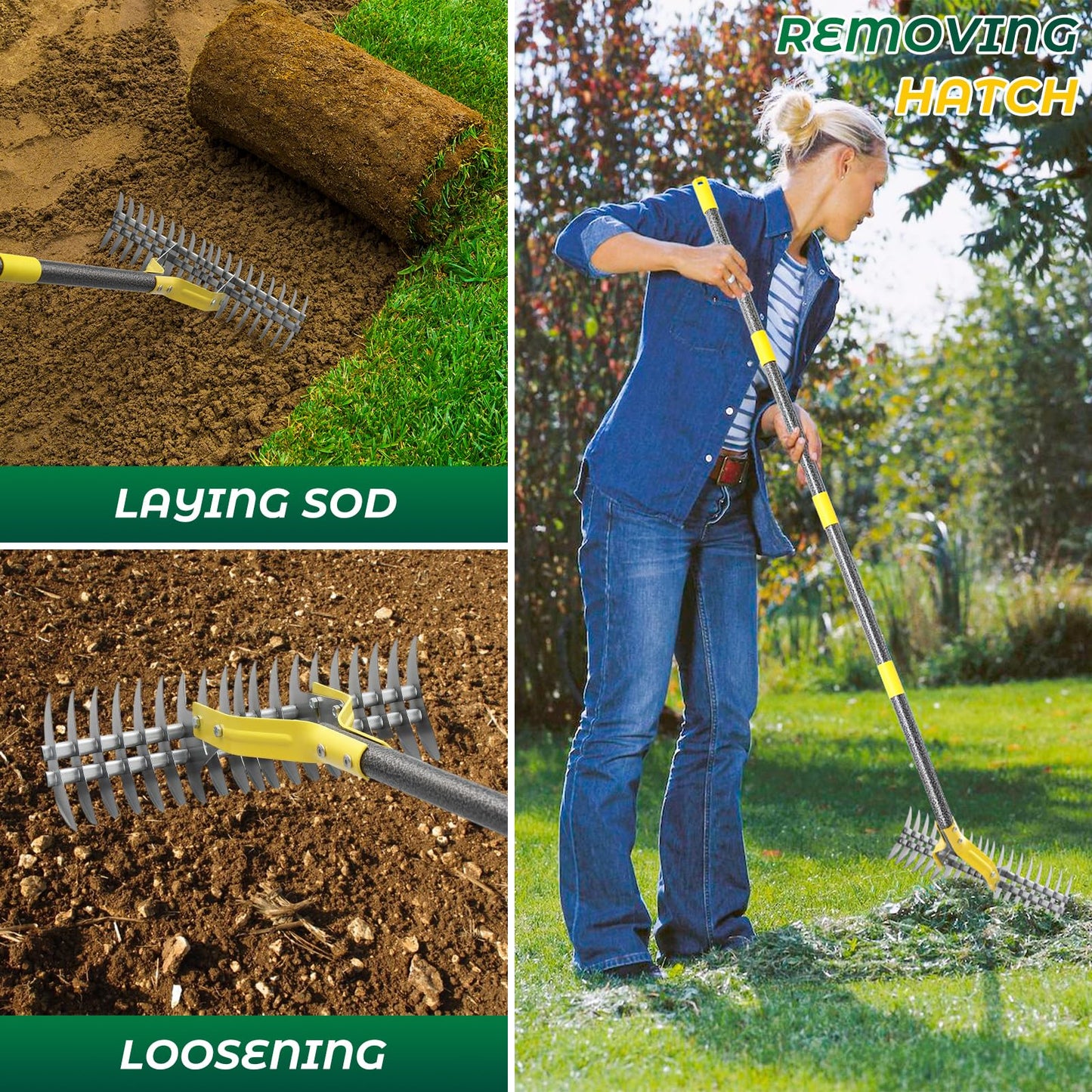 Thatch Rake,70 Inch Heavy Duty Lawn Thatching with Adjustable Stainless Steel Handle,Multiple Garden Rake for Leaves,Lawn Loosening Soil,Backyard,Garden