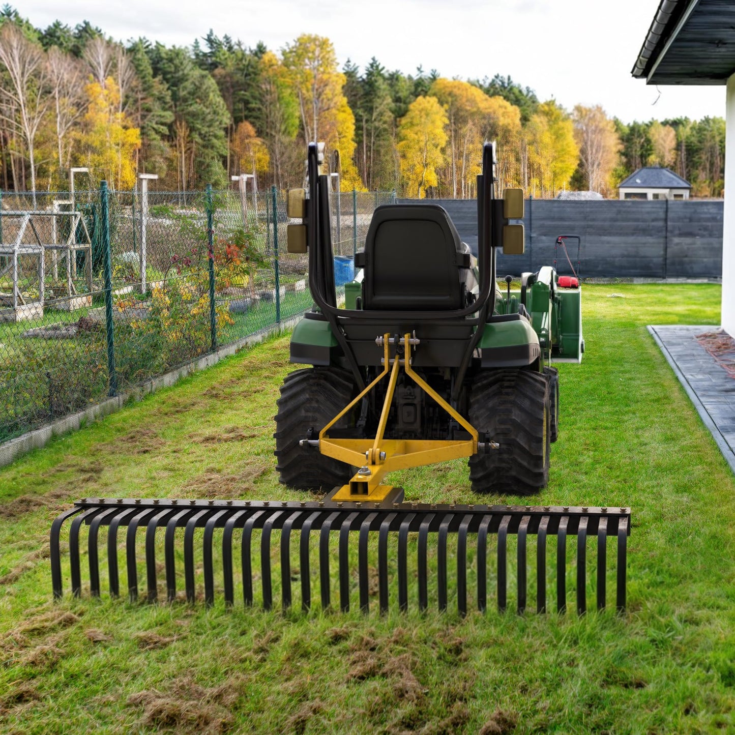 YINTATECH 60 inch Landscape Rake Tractor Attachments, 3 Point Hitch Rock Rake for Category 1, Tractor Tow-Behind Rake with 360 Degree Rotation for Garden Driveway Collecting Gravels Leaves Branches