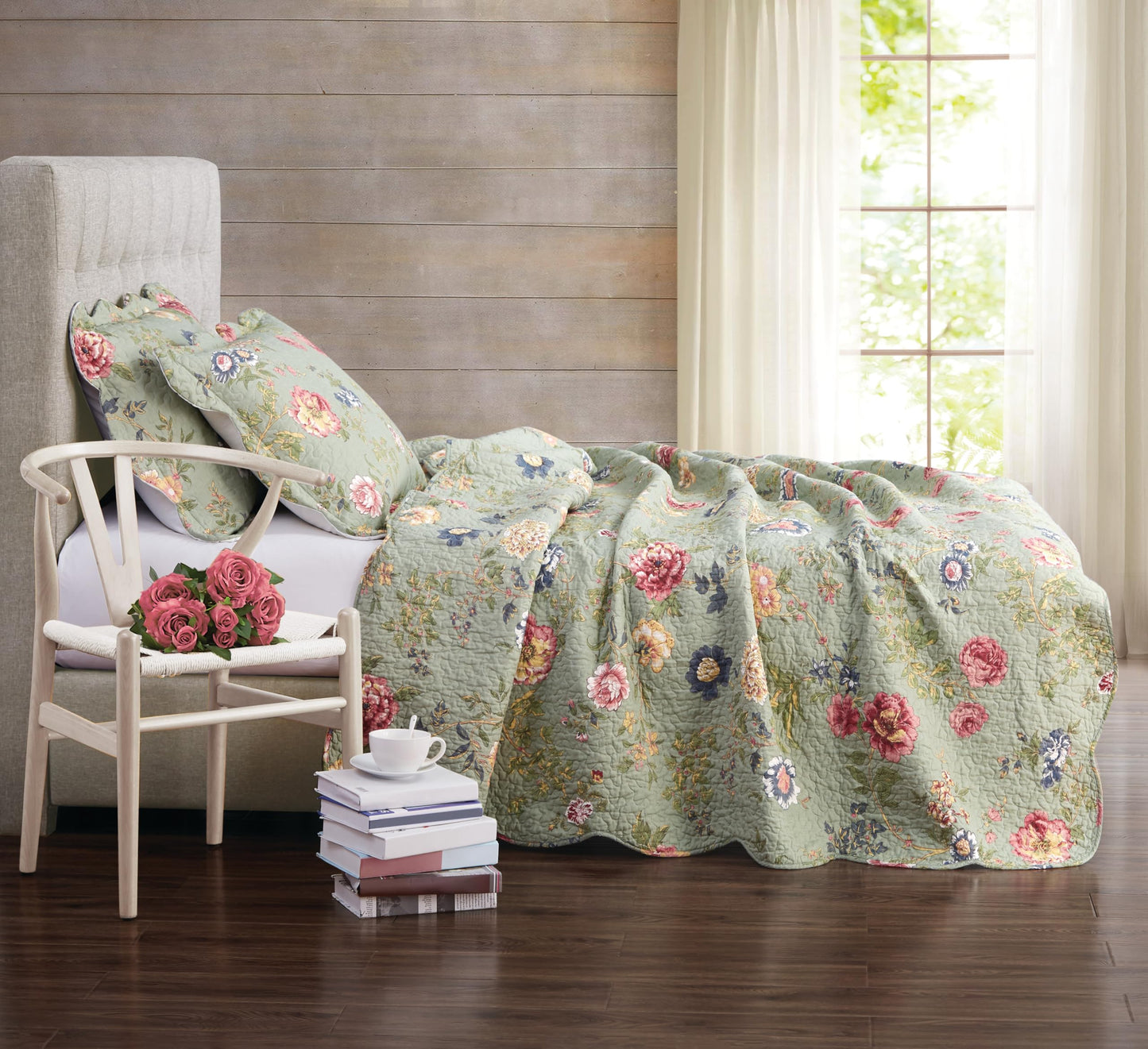 American Traditions Lifestyles Edens Garden 100% Cotton Quilt with 2 Shams, Full/Queen, Green, Floral Themed, for Men and Women, Oeko-TEX Certified Confidence