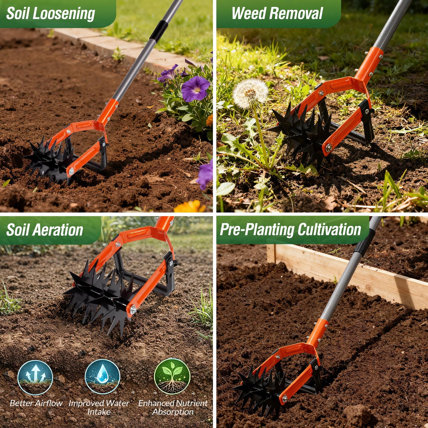 Walensee Rotary Cultivator Garden Tool, Adjustable Long Handle Hand Tiller with Star-Shaped Rolling Tines, 2-in-1 Weeder & Soil Aerator for Lawn Care, Reseeding Grass, Soil Mixing, Manual Yard Tiller