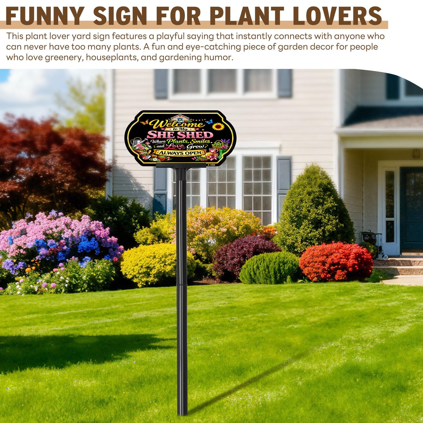Welcome to My She Shed Garden Sign with Adjustable Stake, 10x5 Inch Aluminum Outdoor Yard Sign, Adjustable 24" & 37" Height, Weatherproof Outdoor Garden Decor for Outside, Gardening Gifts for Women