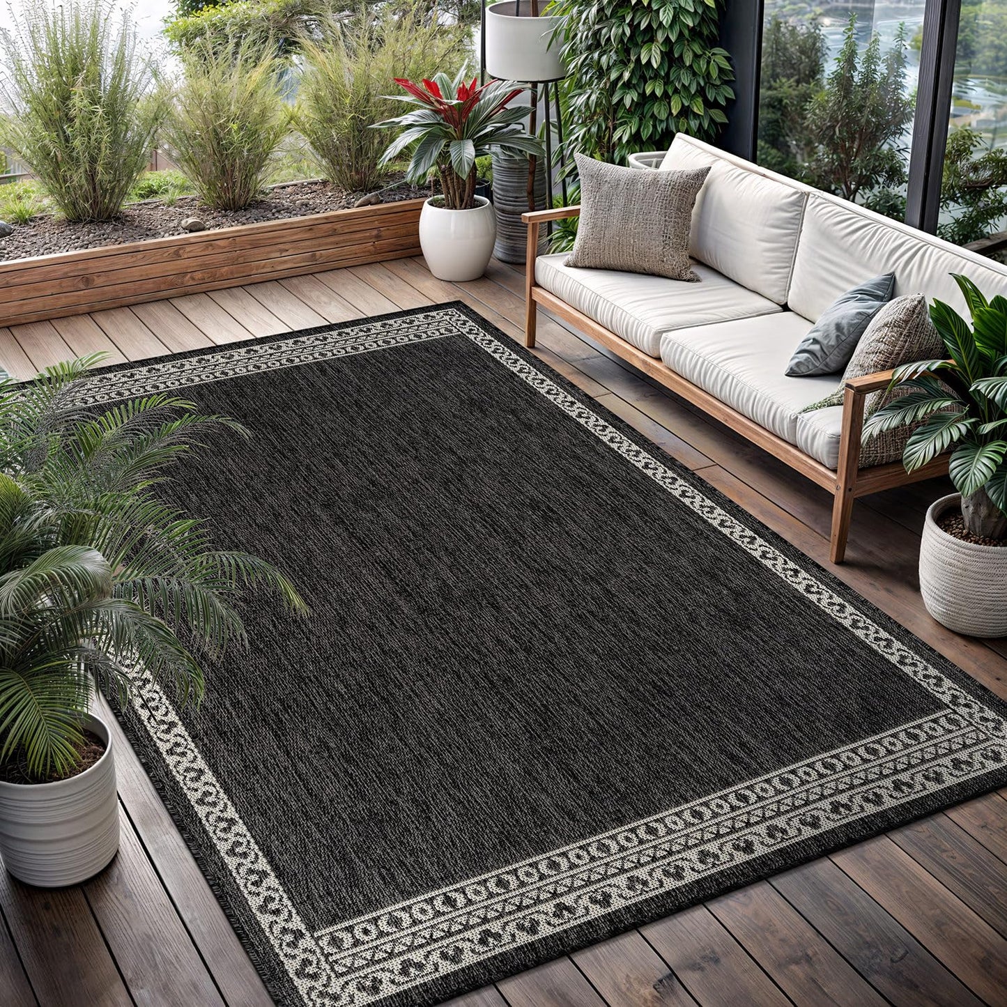 Washable Outdoor Rug 8x10 Modern Area Rugs Outdoor Carpets Bordered Pattern Non Shedding Waterproof Easy Clean Patio Deck Porch Living Room Bedroom Garden RV (8 X 10 Dark Gray)