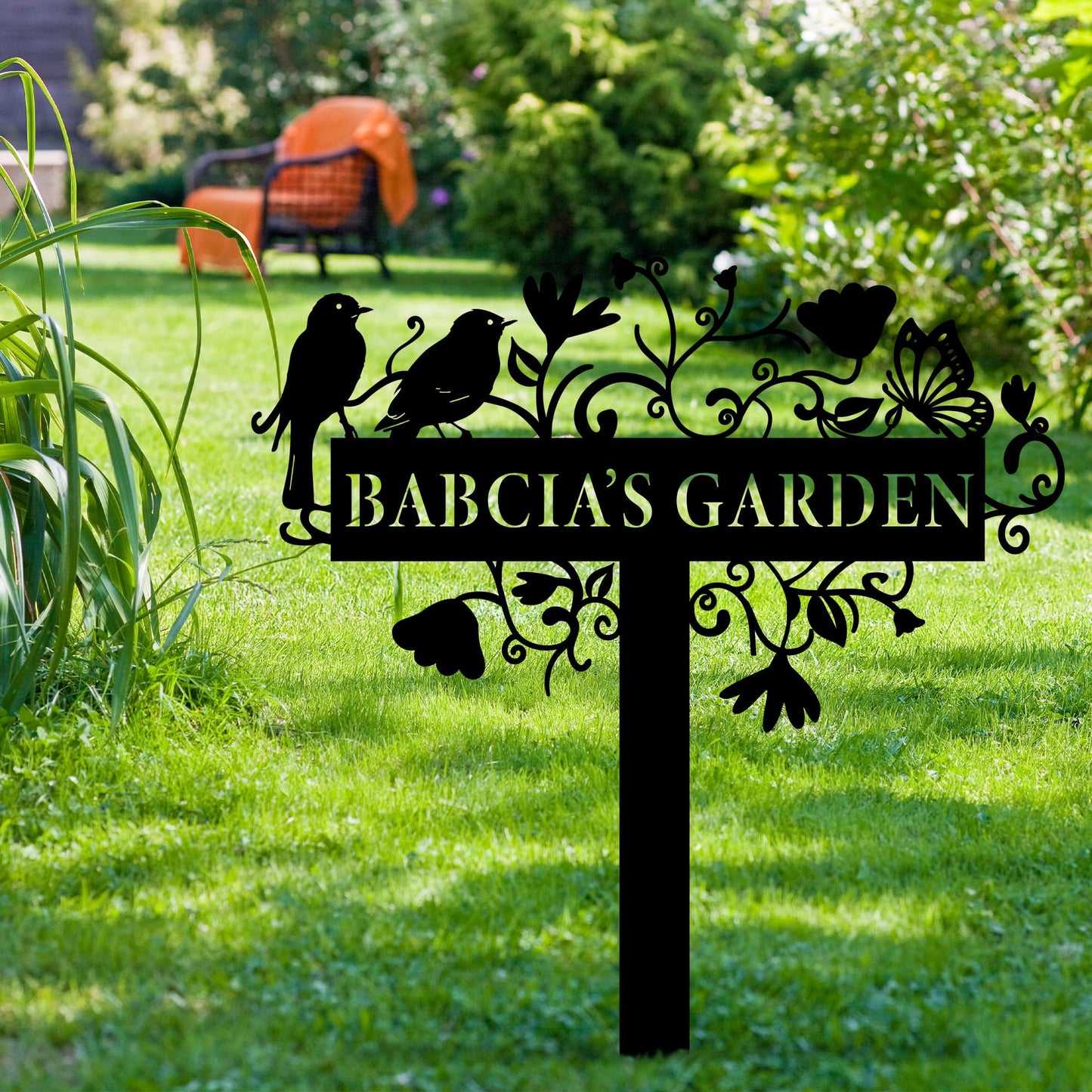 Custom Metal Garden Sign with Flowers, Personalized Garden Metal Stake with Birds, Flower Garden Name Decor, Custom sign for Outside, Customized Gardening Decoration, Yard Art, Gift for Mom, Grandmom