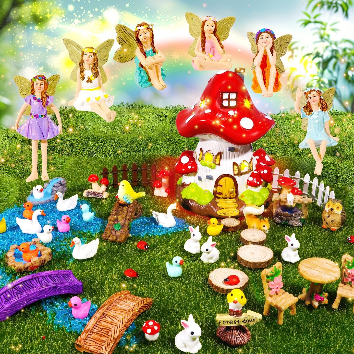 Pamonrueer 56 Pcs Fairy Garden Kit Miniature Mushroom House Set with Fairy Figurines Animals Furniture & Bridge DIY Fairy Garden Accessories for Outdoor Indoor Terrarium Decor