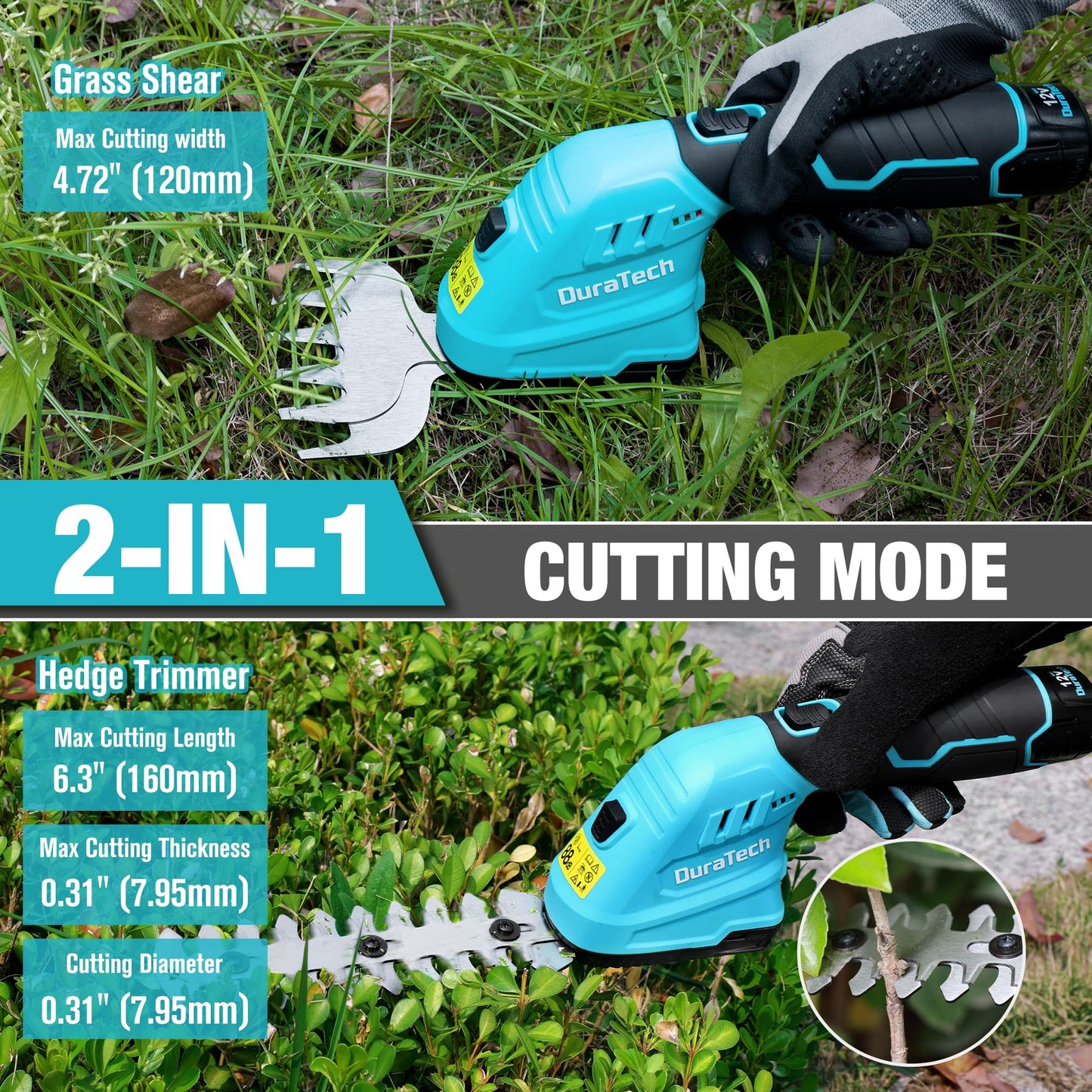 DURATECH Cordless Hedge Trimmer, 12V 2-in-1 Handheld Grass Trimmer & Hedge Shears Included 2.0Ah Li-Ion Battery, Charger & Storage Bag, Electric Grass Shear & Shrubbery Trimmer for Garden Yard Lawn