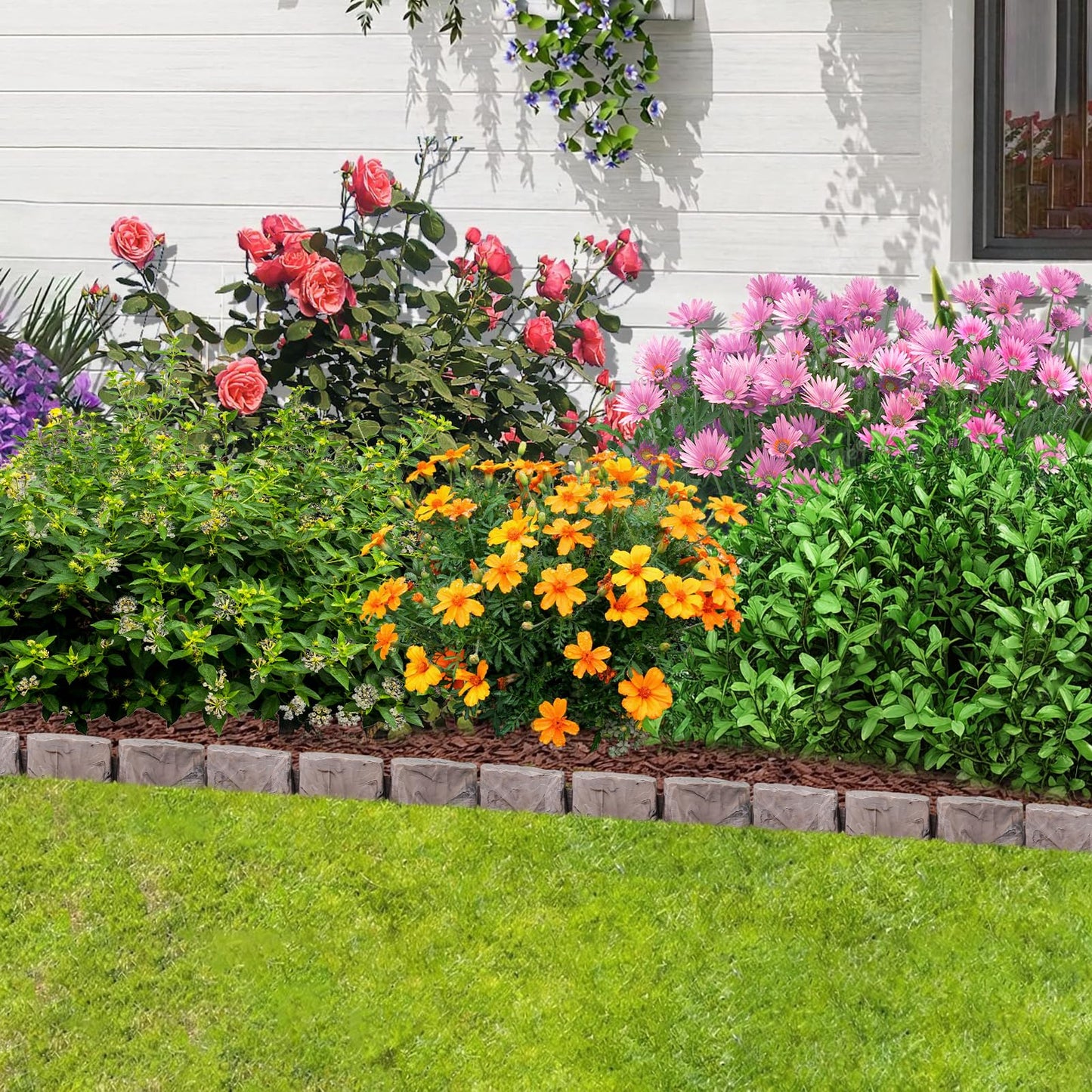 Landscape Edging Faux Stone Garden Edging Border with Anchoring Spikes,2.75 in Tall Decorative Stone-Look Garden Border for Flower Bed Edging,Lawn,Landscaped Yard,Trees and Gardens,91FT,Brown