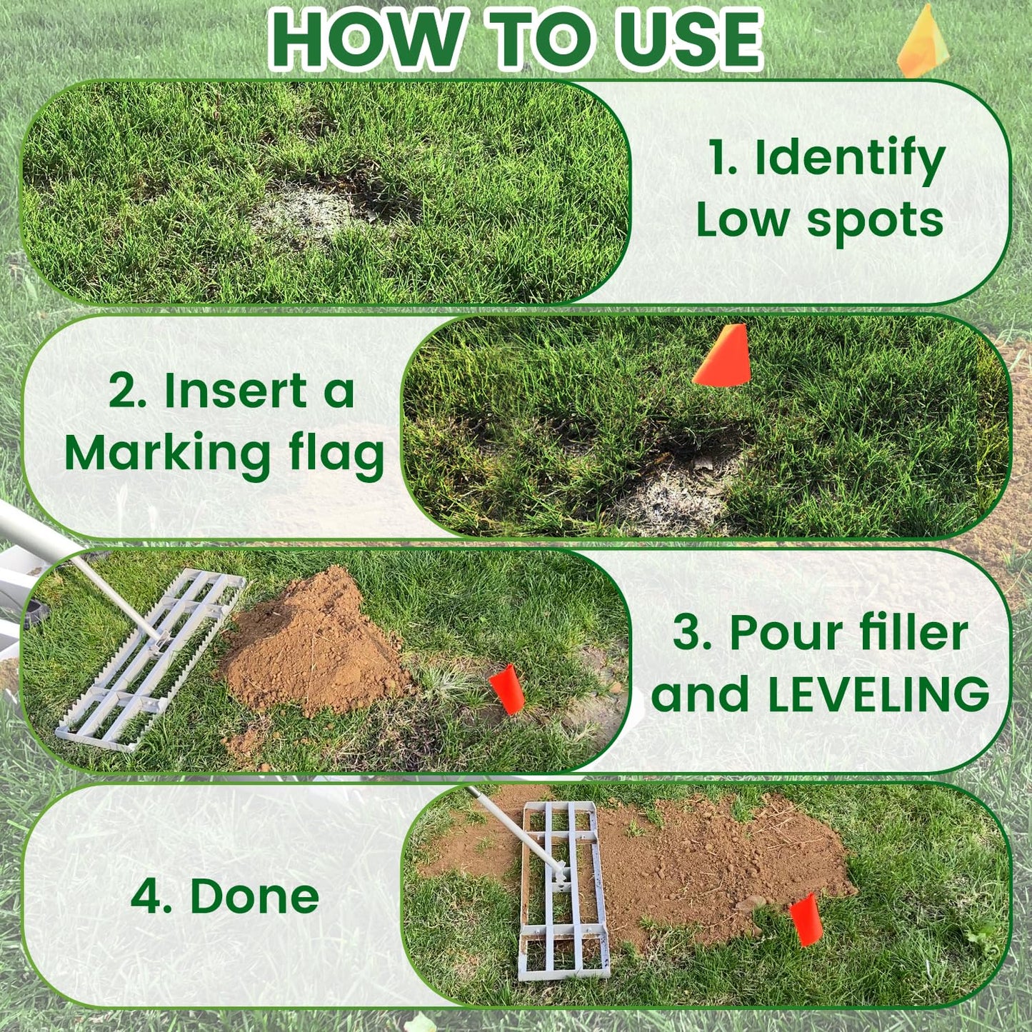 Lawn Leveling Rake, 2-in-1 Double-Sided Landscape Leveler with 20 Marking Flags for Low Spot, 30"×10" Heavy Duty Stainless Steel Flat & Serrated Side for Soil Sand Gravel, Yard Garden Golf Course