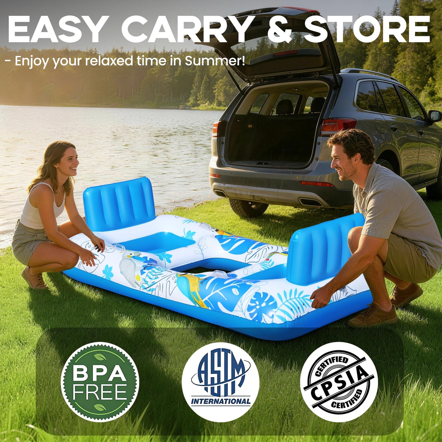 FluSing 2 Person Inflatable Pool Float Adult,87” x 44” Extra Large Inflatable Tanning Pool Lounger Float with Cup & Phone Holders,Pool Float Chair Heavy Duty,Sunbathing Pool Lounger Raft Pool Floaties