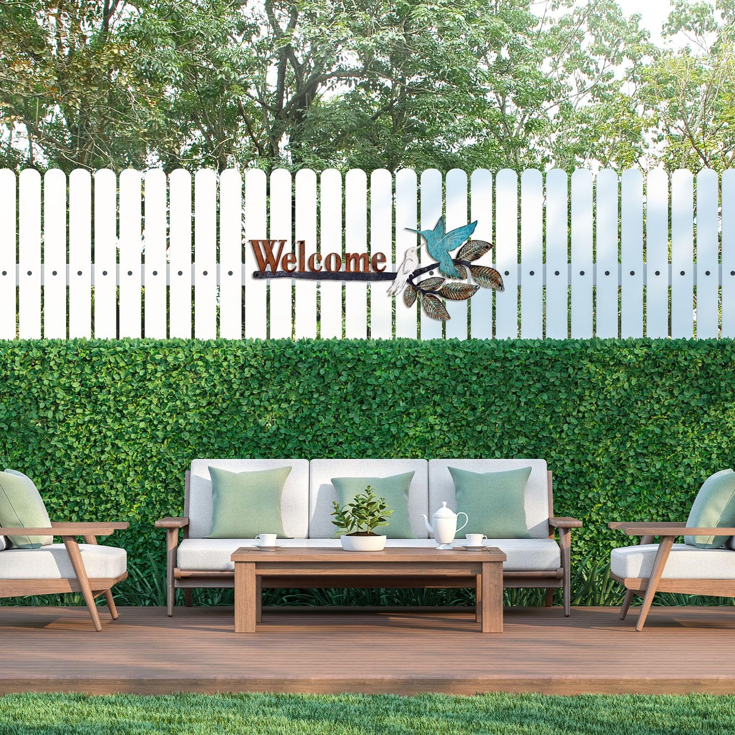 MorningRo Birds on Branch Welcome Sign Metal Wall Art Hummingbirds Yard Decor Rusty Birds Decoration Hanging Outdoor Welcome Wall Sculpture for Home Balcony Patio Garden Yard, 24.55 x 10 Inch