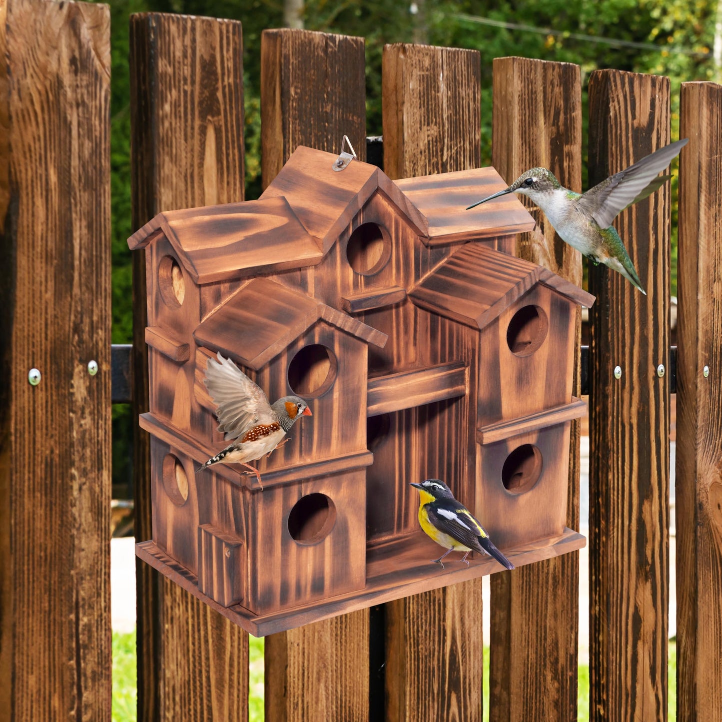 MIXUMON Wooden Bird Houses for Outside â 10 Rooms Multi-Chamber Bird House, Carbonized Pine Rustic Finish, 1.57" Entrance Holes, Individual Cleaning Doors, Decorative Outdoor Bird Nesting Box