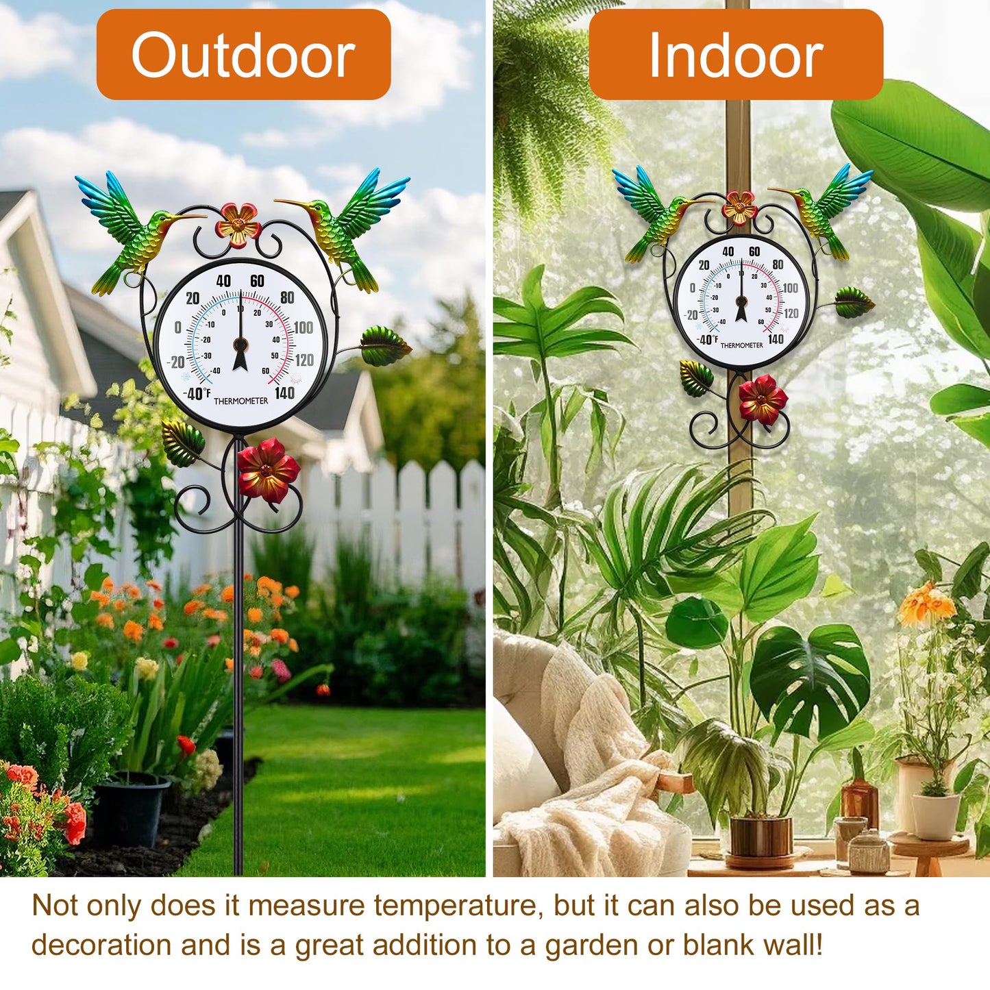 Hummingbird Outdoor Thermometer with Stake Waterproof - Hanging Wall Indoor Outside Thermometer for Patio Garden Yard Porch Room Decor, Easy to Read No Battery Required