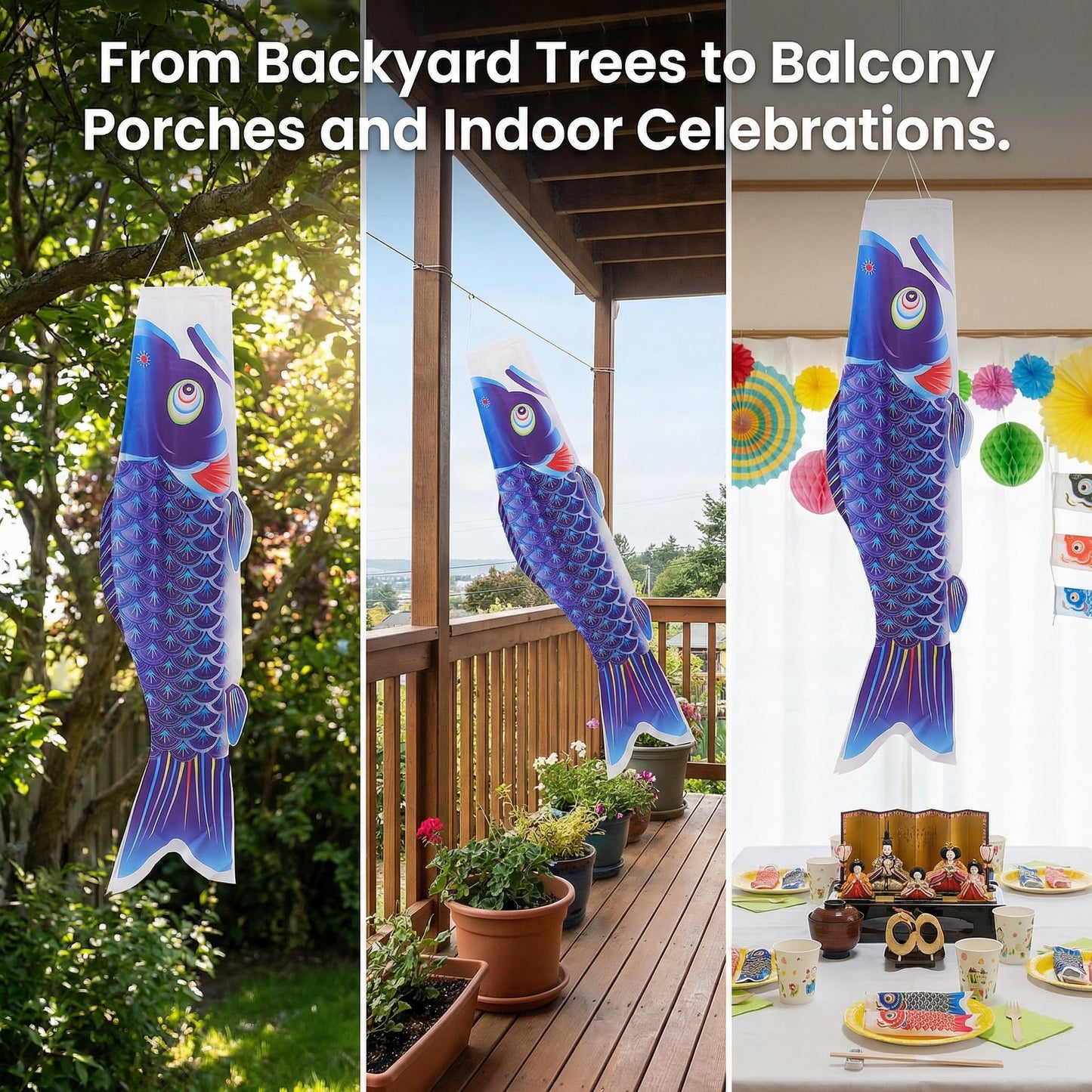 Japanese Koi Fish Windsock, 39 Inch Blue Koinobori Flag for Outside Garden Backyard Decor, Traditional Satin Wind Streamer for Children's Day, Weather Resistant Hanging Wind Sock Ornament
