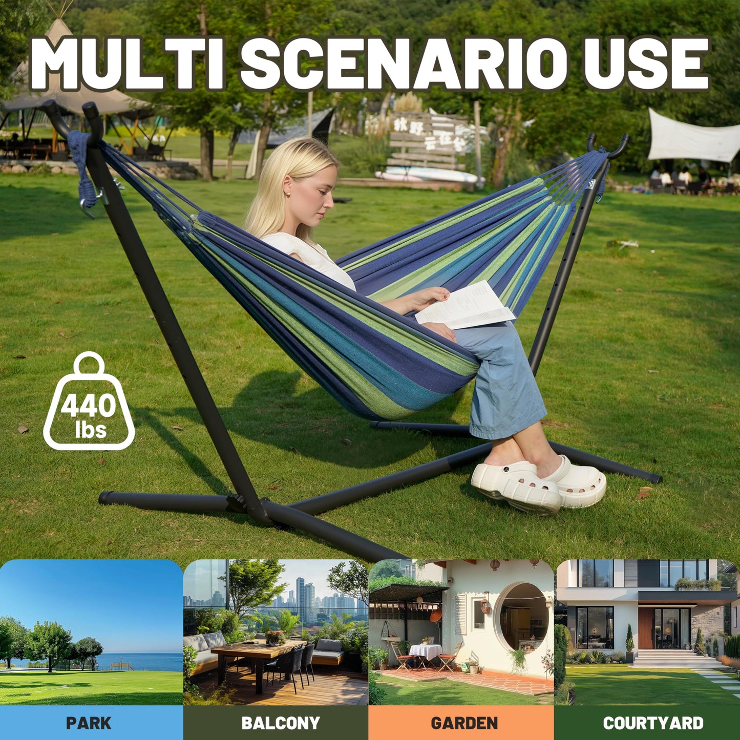 Hammock with Heavy-Duty Steel Stand for Outside,Hammocks 450 Lb Capacity,Portable Hammock,2 People Standing Hammocks,Suitable for Beach,Backyard, Gardens, Patio, Bedroom,100 * 40 * 38 Inch (Blue)