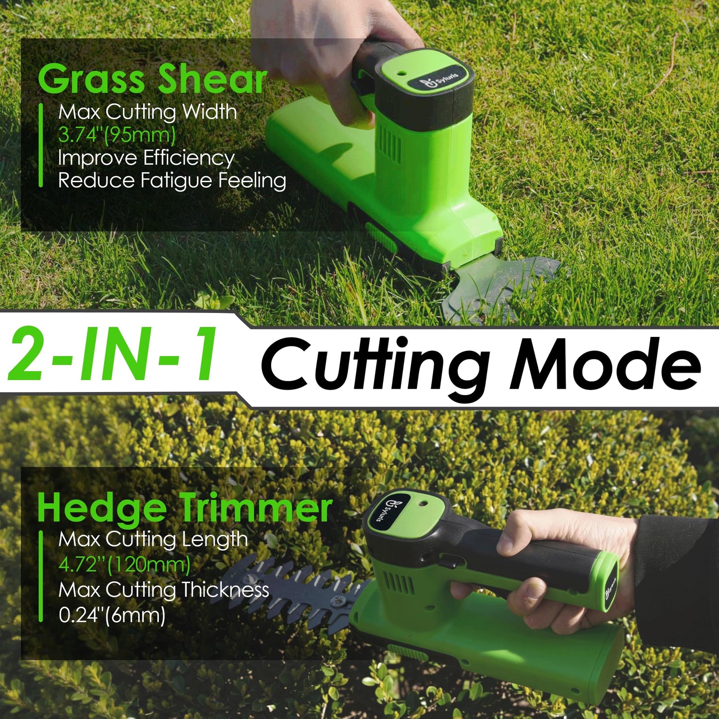 Syluris 12V Cordless Hedge Trimmer & Grass Shear, 2-in-1 Electric Handheld Shrubbery Trimmer with Battery and Charger Included, Lightweight Garden Bush Cutter for Lawn & Yard Maintenance