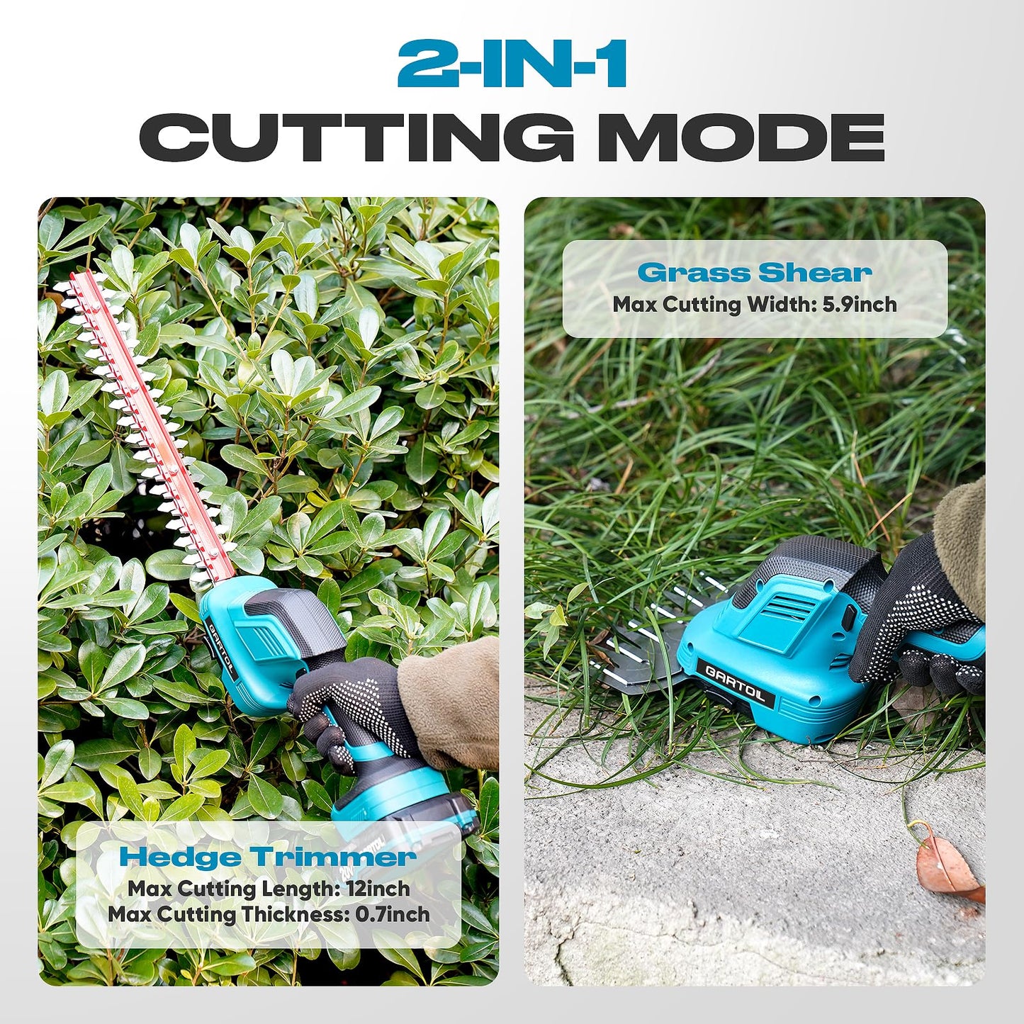 GARTOL 2-in-1 Cordless Hedge Trimmer & Grass Shears, Compatible with Makita 18V Battery, 20V Handheld Bush Trimmer with 12" & 6" Blades, Battery & Charger Included, Lightweight Bush Clipper for Yard