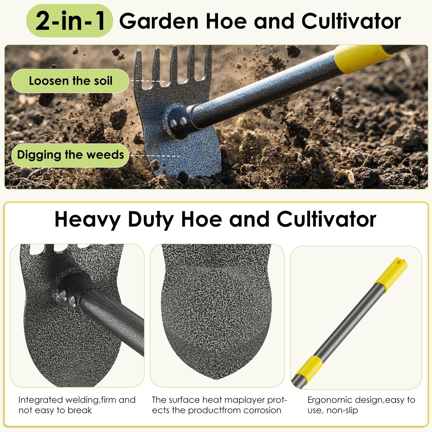 Luvenia Garden Hoe, 2-in-1 Weed Puller Tool with Adjustable Length 31In-46In, Carbon Steel Heavy Duty Weeding Tool for Gardening, Cultivating, and Weed Pulling, Sharp Blade