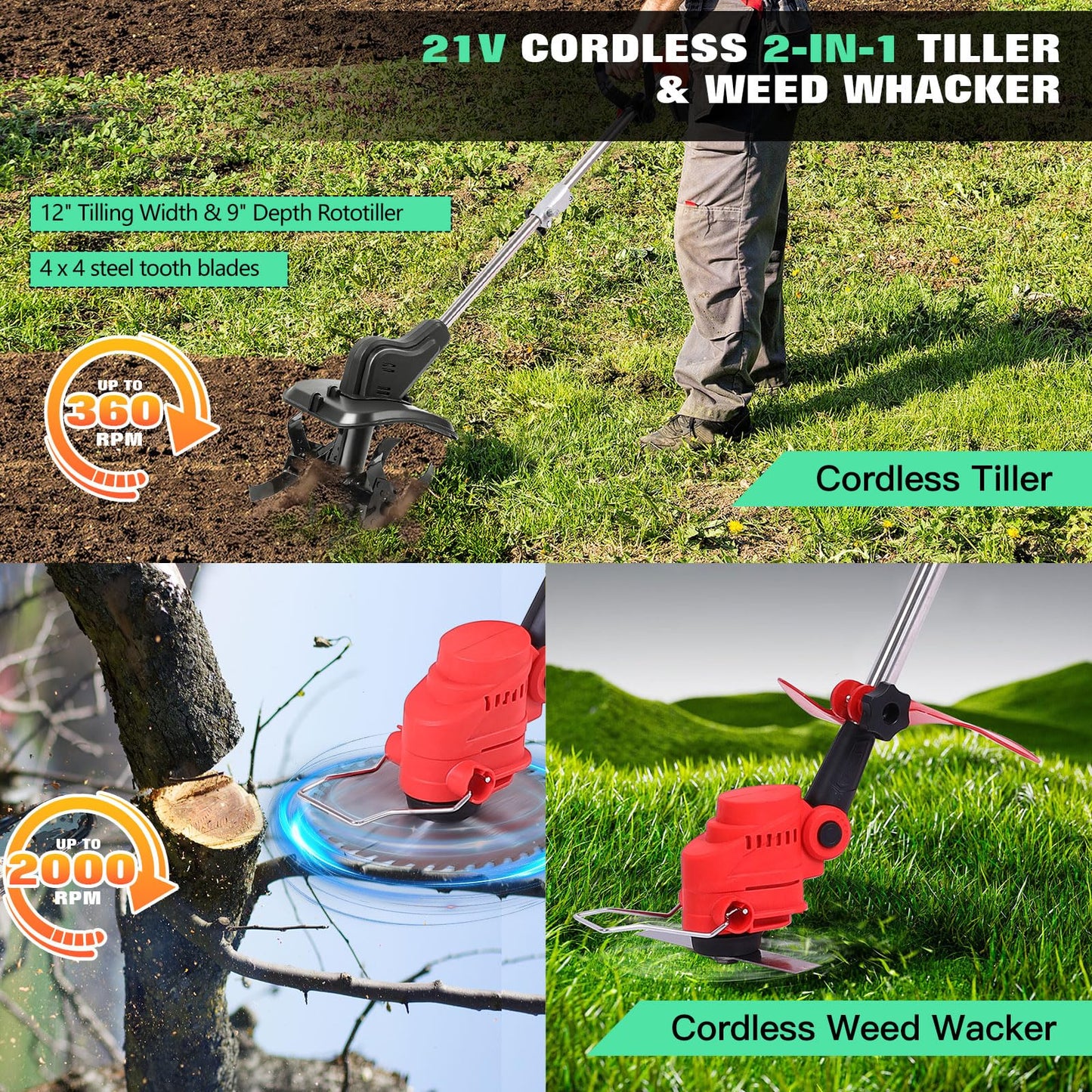 Cordless 2-in-1 Tiller & Weed Whacker Combo, 800W Brushless Motor, 12"x9" Rototiller, 8" Trimmer, 2x21v 6.0Ah Battery, Electric Weed Eater & Garden Tiller, Perfect for Lawn Care & Gardening Tools