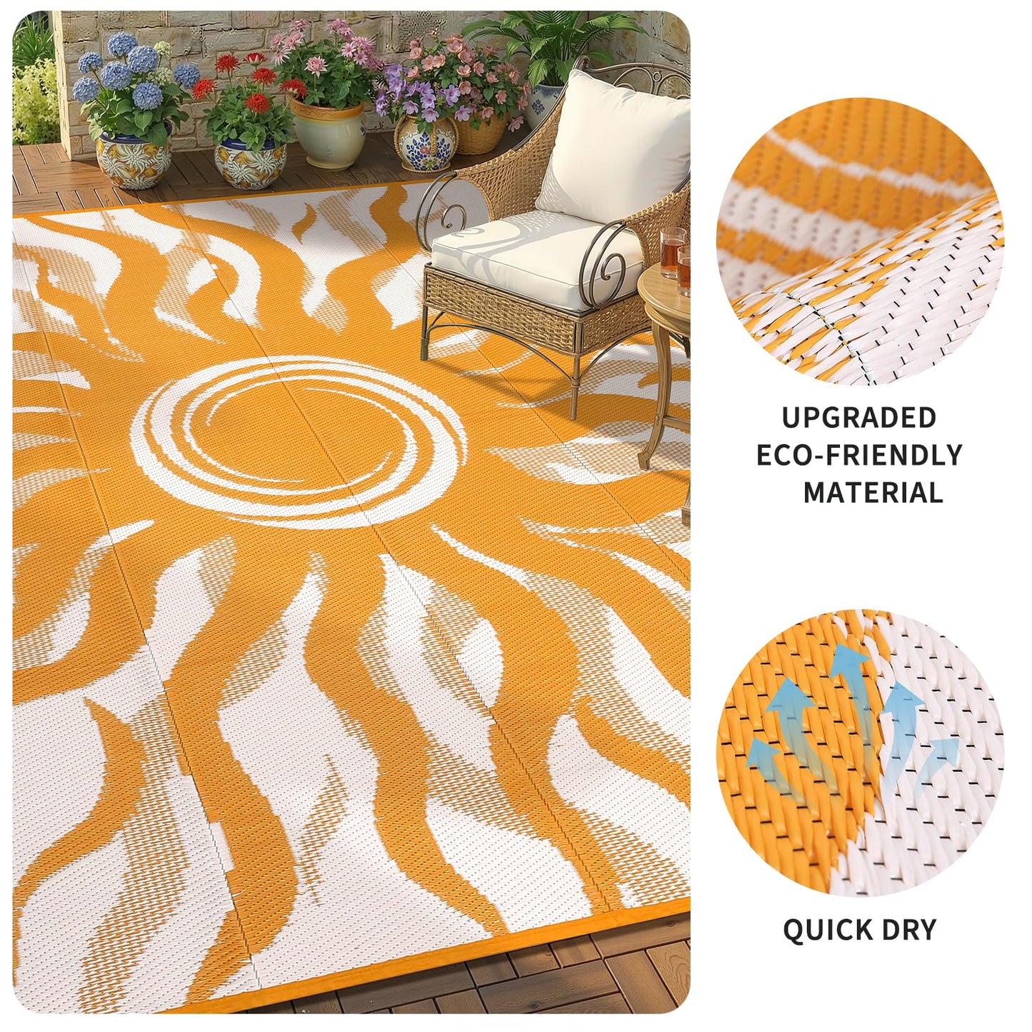 Garvee Outdoor Rug 8x10 Waterproof Patio Rugs with Boho Sun Pattern, Reversible Plastic Straw Camping Rugs Outdoor Indoor RV Mat Carpet for Deck, Backyard, Picnic, Porch, Balcony, Beach, Orange