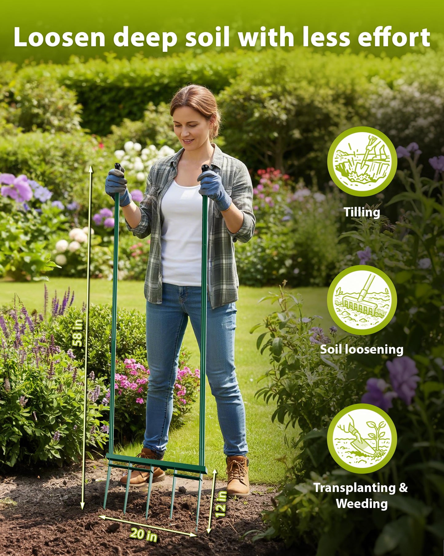 TITECK Broadfork Garden Tool, 5-Tine Heavy Duty Broad Fork, Manual Hand Tiller with 58 Inch Ergonomic Handle, Pitchfork Digging Fork for Cultivating Spading Crushing Aerating Gardening Soil