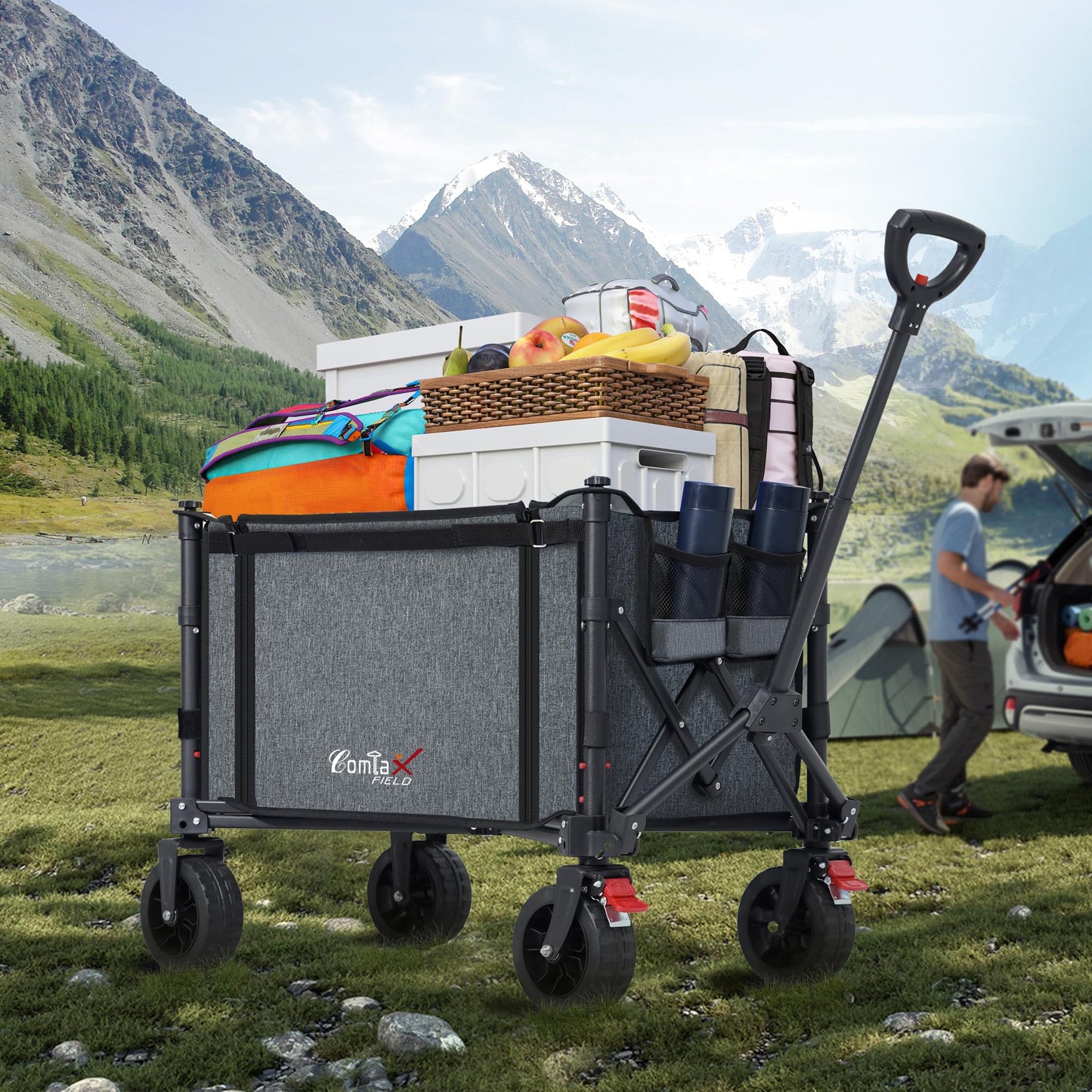 COMLAX FIELD Collapsible Wagon Cart Foldable with Big Wheels Brakes, 250lbs Folding Utility Lightweight Garden Wagon, Portable Grocery Cart for Camping Shopping Sports Pets, Grey