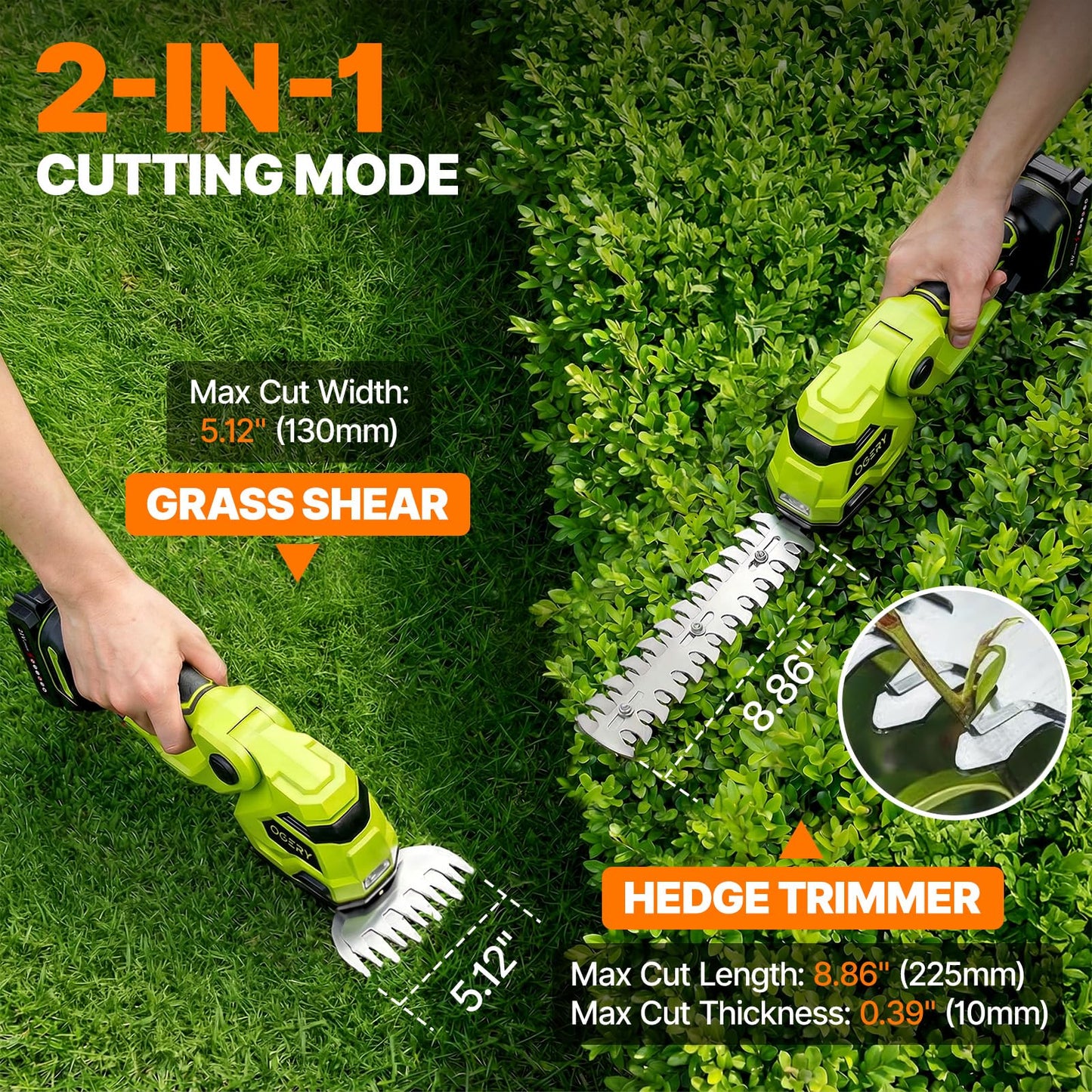 OGERY 21V Cordless Hedge Trimmer & Grass Shears, 2-in-1 Powerful Dual Batteries Electric Bush Trimmer with 8.9” Hedge Blade & 5.1” Grass Trimmer, Adjustable Angle, Lightweight for Garden & Lawn Care