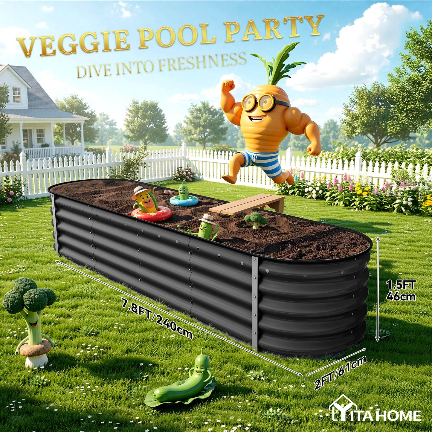 YITAHOME 8x2x1.5ft Raised Garden Bed Kit, 17" Tall 9 in 1 Large Galvanized Metal Planter Box with Gloves & Safety Rubber, Outdoor Flower Bed for Plants Vegetables Flowers, Black