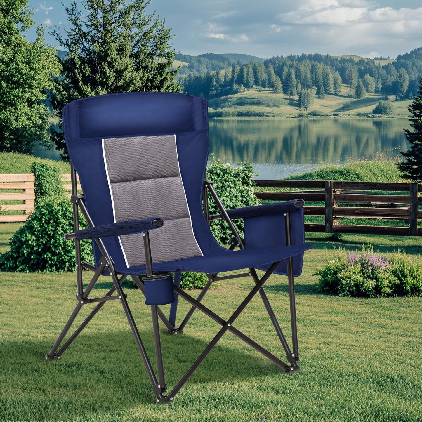 HIGH POINT SPORTS Oversized Camping Chairs for Adults, High Back Heavy Duty Lawn Folding Chair Support 500LBS, Padded Portable Outdoor Chair with Cup Holder, Blue