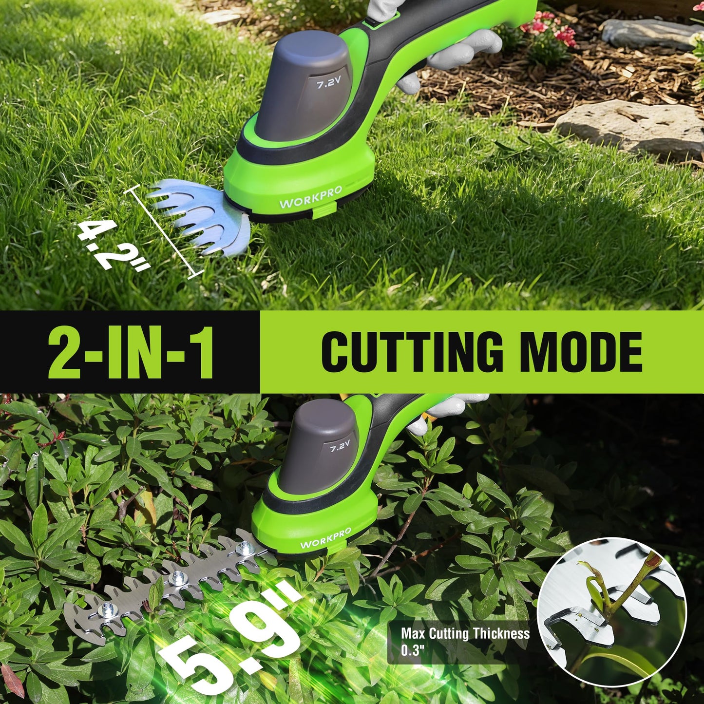 WORKPRO 7.2V Handheld Grass Trimmer, 2-in-1 Cordless Hedge Trimmer & Grass Shears with 2Ah Battery, Small Bush & Shrub Trimmer for Lawn Edging, Garden, Yard & Hedge Trimming
