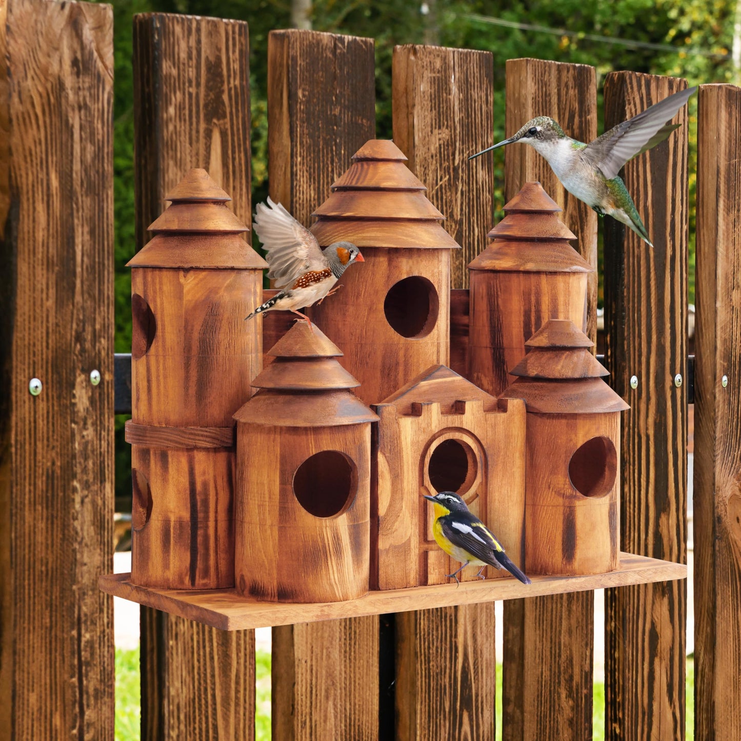 MIXUMON Wooden Bird Houses for Outside â 8 Rooms Castle-Style Bird House, Carbonized Pine Rustic Finish, 1.57" Entrance Holes, Decorative Outdoor Bird Nesting Box (Rustic, 8 Rooms)