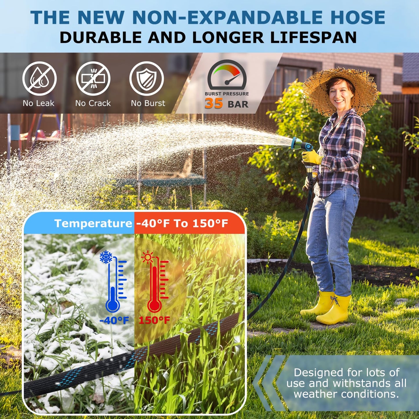 KETTOYA Non-Expanding Garden Hose 100 ft, Kink Free Flexible Water Hose with 10-Pattern Spray Nozzle, Lightweight Hose Pipe, Leak Proof, 3/4" Swivel Connectors, Super Fabric, Portable Storage Strap