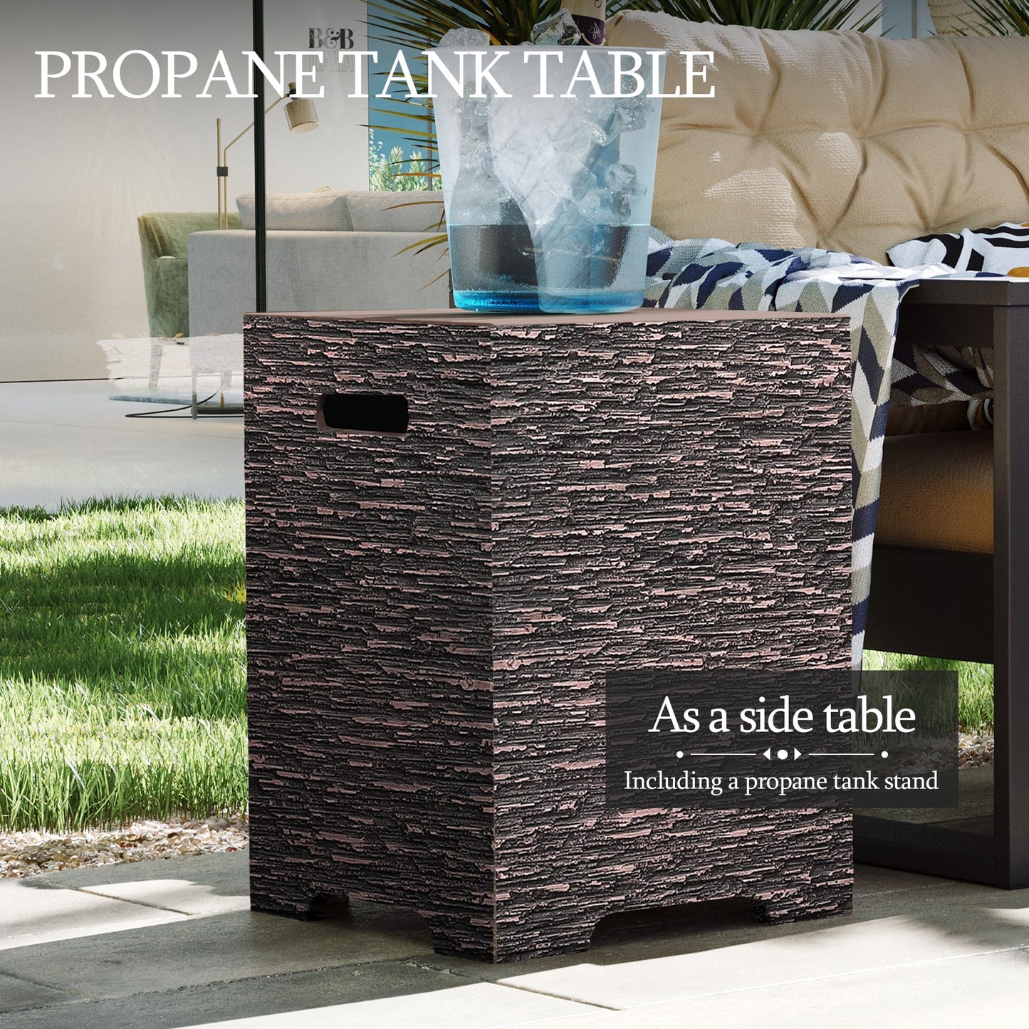 UPHA 42-inch Outdoor Propane Gas Fire Pit Table 50000 BTU Concrete Round FirePit for Outside Patio with Propane Tank Cover, Wind Guard, Blue Glass Rocks, Rain Cover, Reddish Brown
