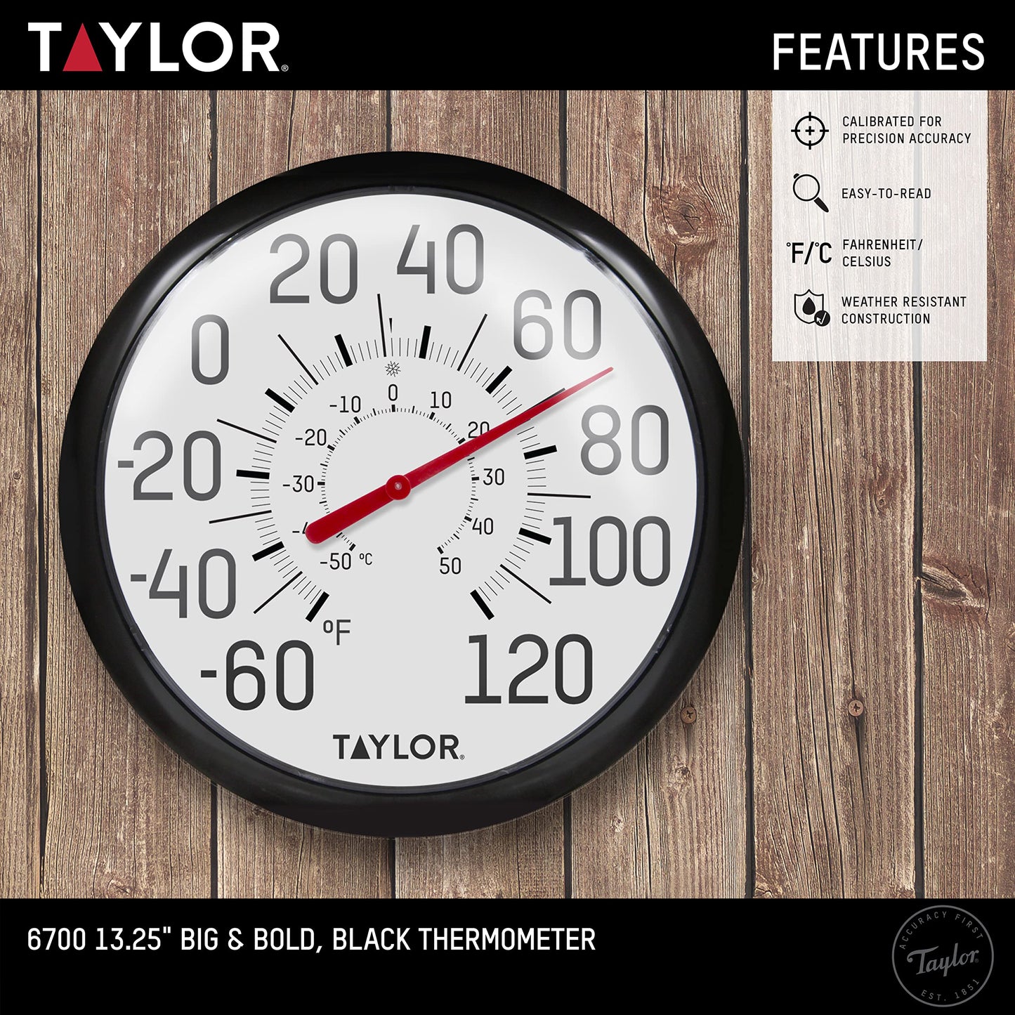 Taylor Big and Bold Wall Thermometer, Indoor Outdoor Thermometer, Wireless Thermometer with Easy to Read Numbers for Patio, Pool, and Indoor Areas, 13.25-inch, Black