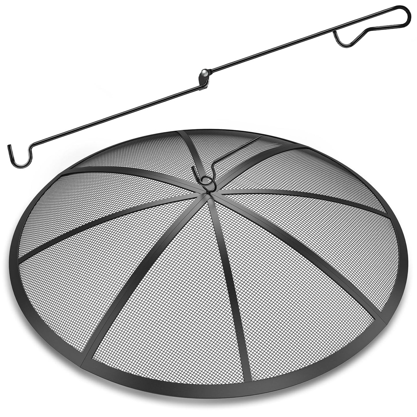 Fire Pit Spark Screen, 40Inch Fire Pit Lid Outdoor with Handle & Poker, Heavy-Duty Mesh Firepit Cove with 12 Reinforced Bars for Backyard/Beach/RV Camping