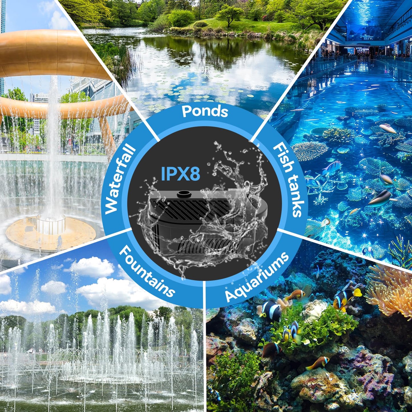 KioGro 1320GPH/100W Large Water Fountain Pump, Pond Pump Fountain Kits for Outdoor, Pond Equipment with 3 Nozzle Options, Adjustable Water Flow, IPX8 waterproof, Black