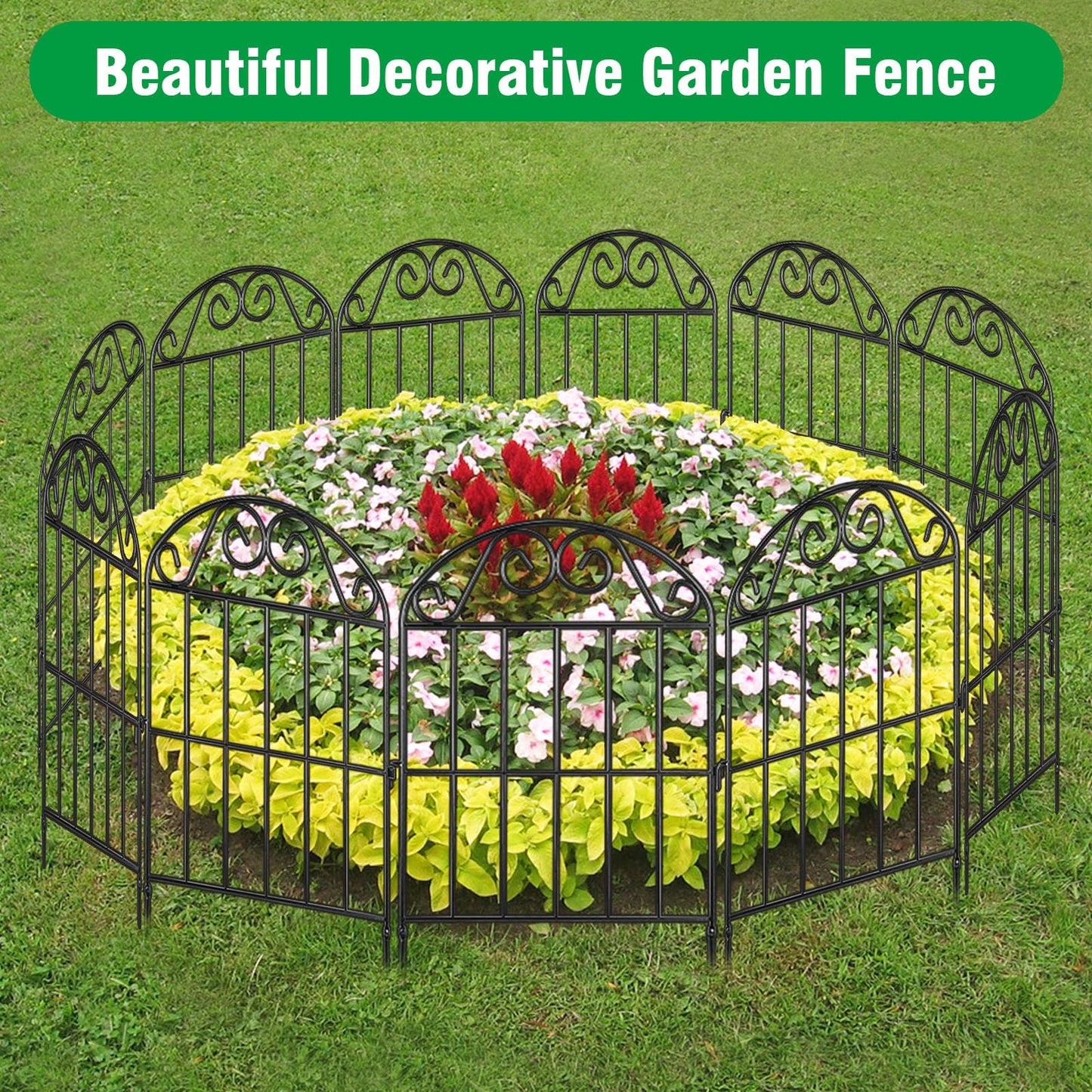 ADAVIN 24 Panels Collapsible Garden Fence Animal Barrier,24 Ft(L) x 24 in(H) Black Rustproof Metal Wire Panel Border for Dogs Rabbits, Flower Edging for Landscape Patio Yard Outdoor Decor, Arched
