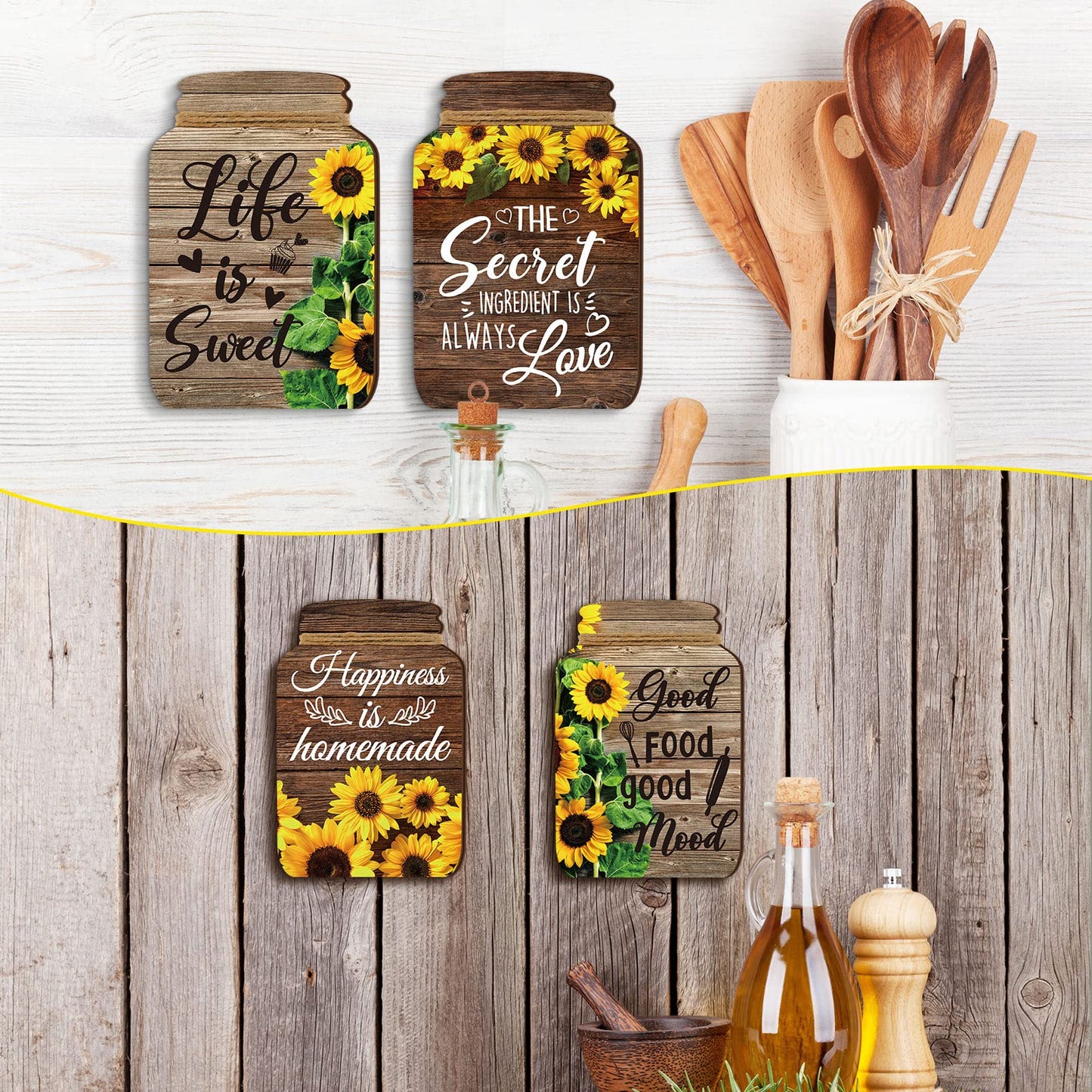 4 Pcs Kitchen Wall Decor Mason Jar Set Wooden Rustic Home Decor Inspirational Kitchen Hanging Farmhouse Wall Signs for Home decoration(Sunflower)