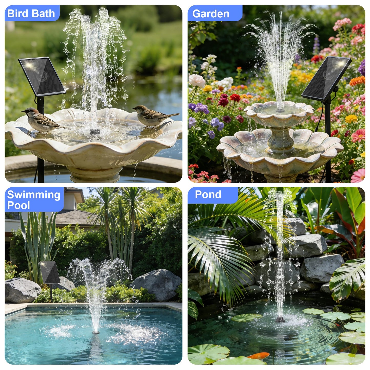 Yeomi Solar Water Fountain for Bird Bath, 2.5W 5V Solar Powered Water Pump with Separated Solar Panel, Outdoor Solar Fountain for Small Pond, Garden Water Feature Decoration with 5 Spray Nozzles