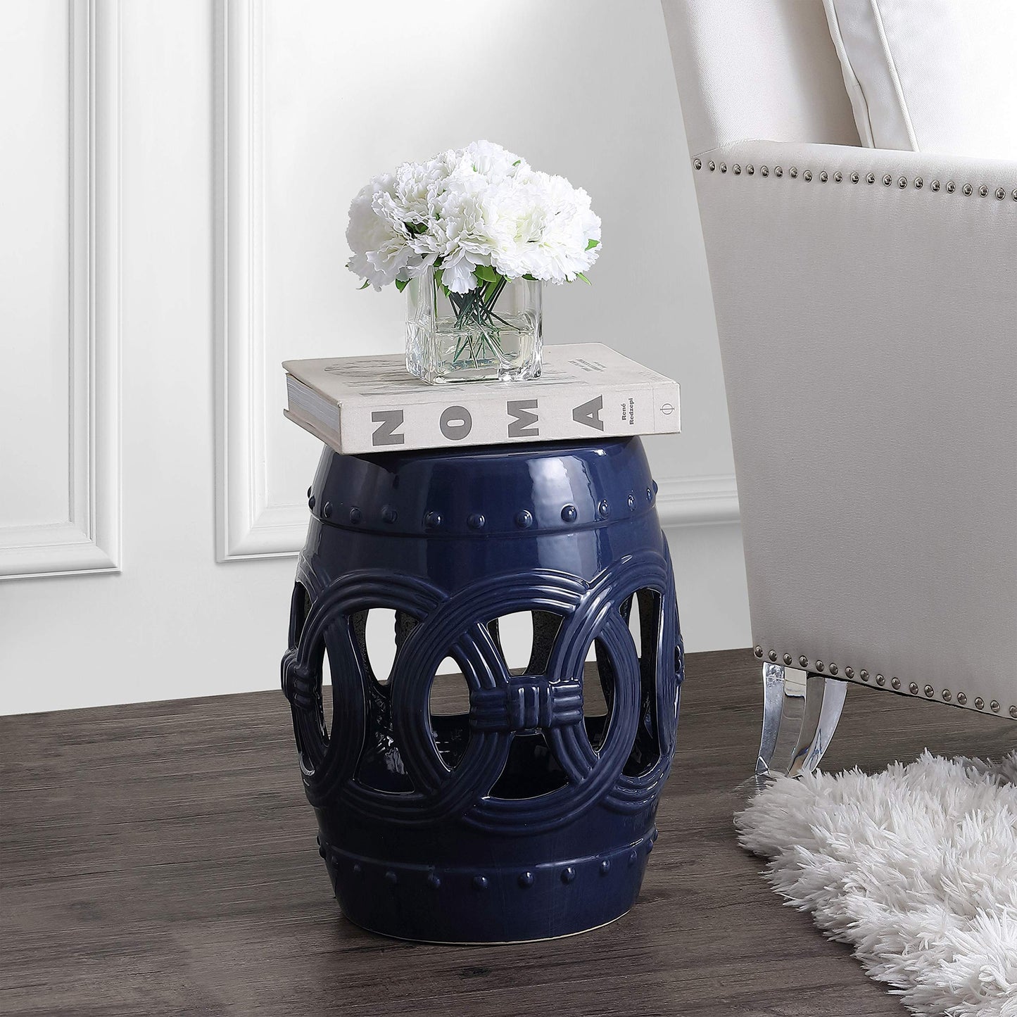 JONATHAN Y TBL1022B Lucky Coins 16" Chinese Ceramic Drum Indoor/Outdoor Garden Stool Bohemian, Coastal, Classic, Cottage, French Country, Traditional, Side Table, Plant Stand, Spill-Proof, Navy