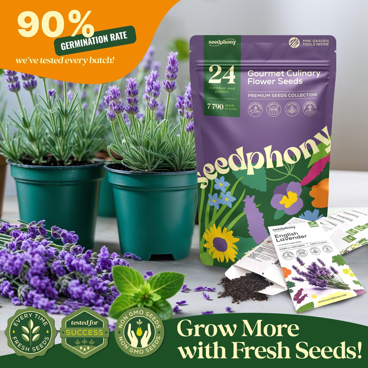 Seedphony 24 Gourmet Culinary Flower Seeds Variety Pack - 7,790+ Non-GMO Heirloom Flower Seeds for Planting Indoor & Outdoor Home Garden - Culinary Flowers Seed Packets for Planting Edible Flowers